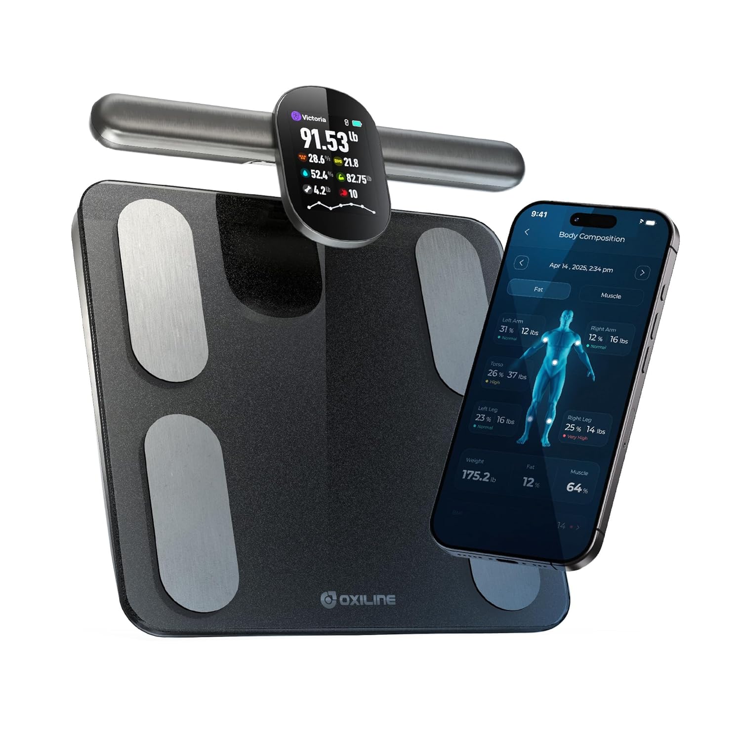 Oxiline Scale MD Pro, 8 Echo MD Electrodes, Scale for Body Weight and Fat, BMI, Muscle Mass 31 Body Composition Measurement, OLED Screen on Retractable Handle