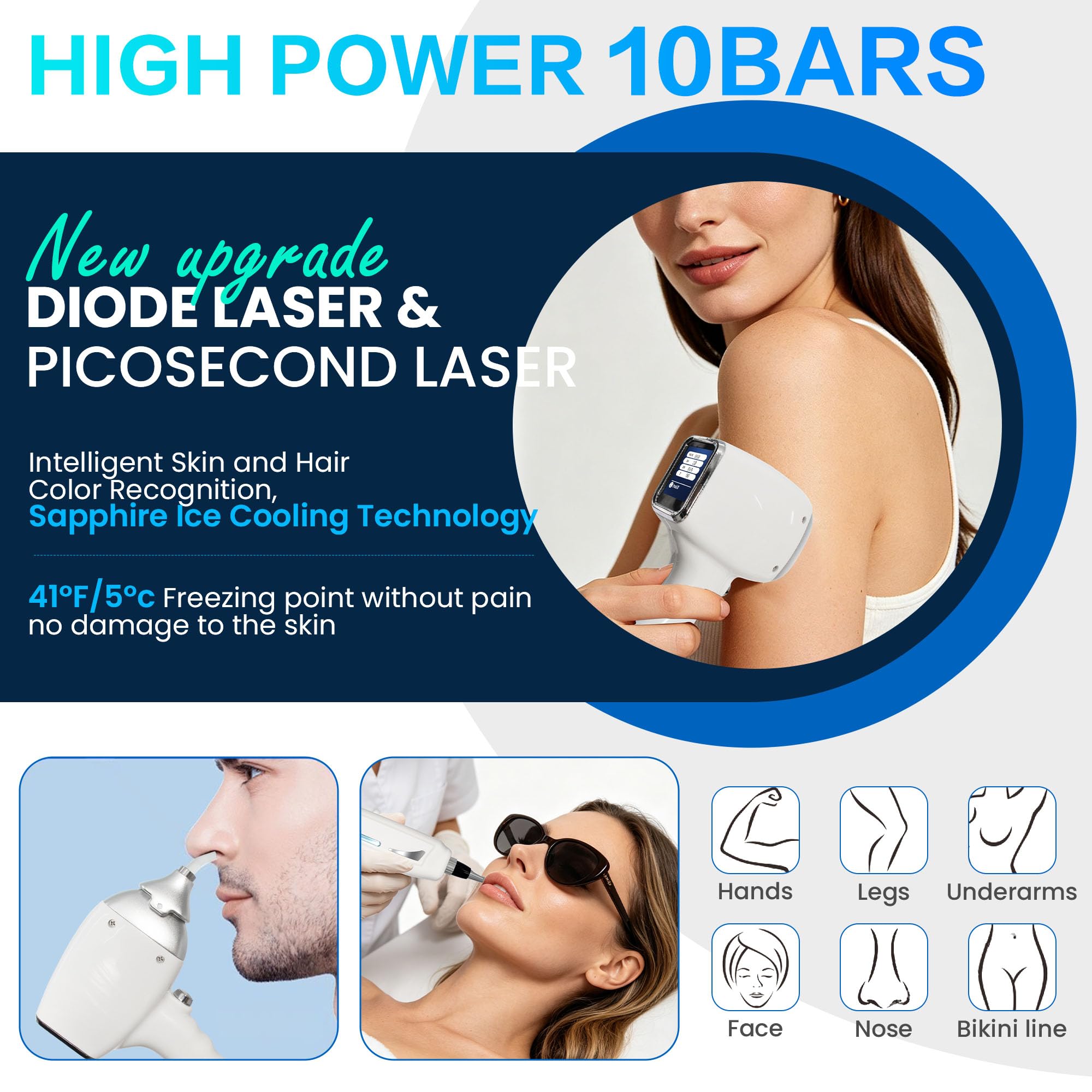 10 Bars!Dispositivo di Depilazione Laser a Diodo 808nm, 3 Lunghezze d'Onda 755+808+1064nm, Raffreddamento Congelante, Schermo Touch HD, per Uso Professionale in Centri Estetici