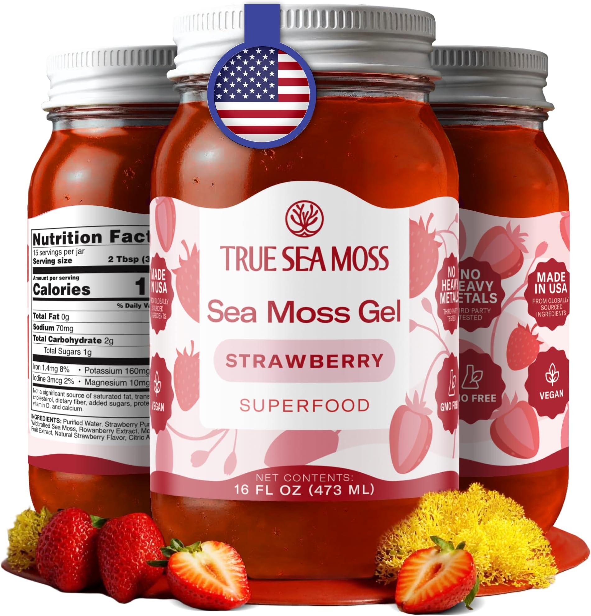 Sea Moss Gel – Made in USA – Wildcrafted Seamoss, Fruits & Jarred Vegetables – Strawberry, Pack of 1 (Labels may Vary)
