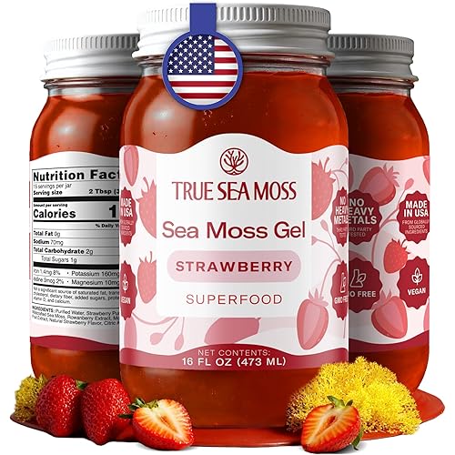 TrueSeaMoss Sea Moss Gel – Made in USA – Wildcrafted Seamoss, Fruits & Jarred Vegetables – Strawberry, Pack of 1 (Labels may Vary)