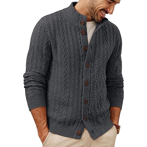 PJ PAUL JONES Mens Cable Knit Cardigan Sweaters Casual Stand Collar Slim Fit Long Sleeve Button Down Sweaters