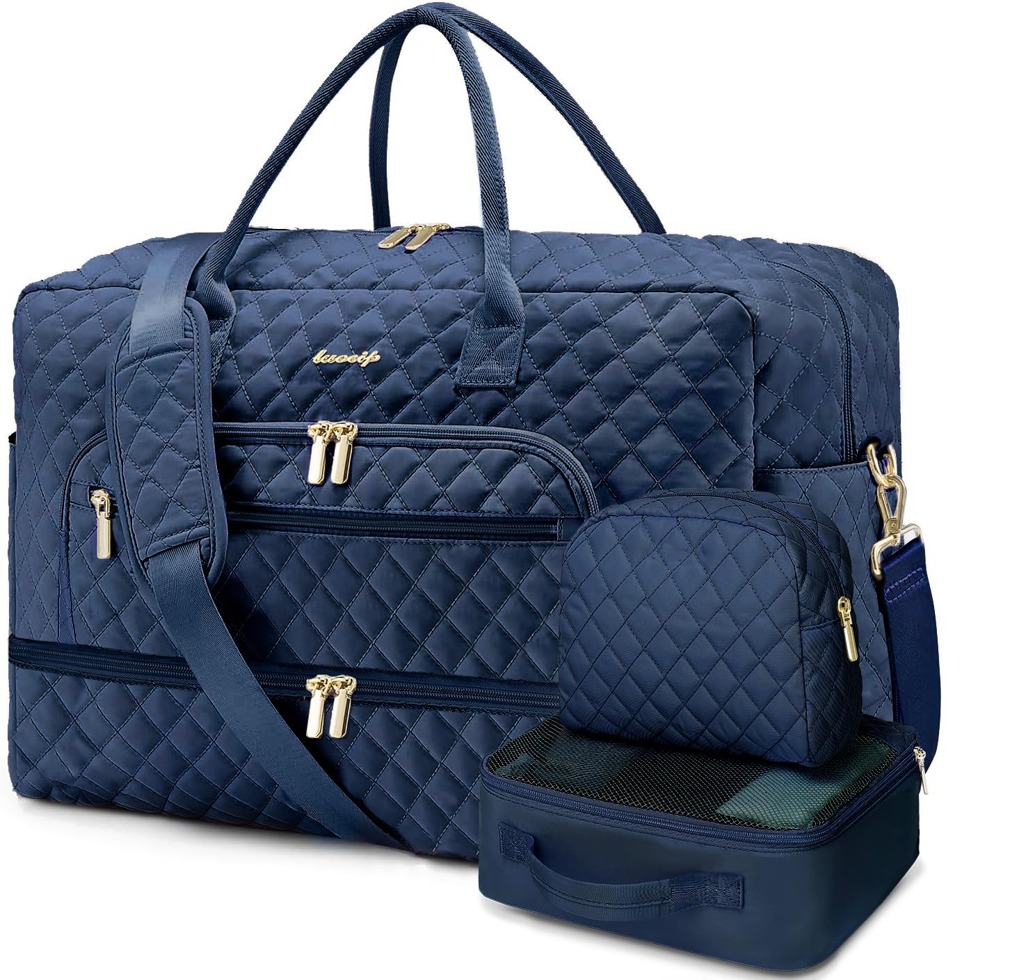 Foto de Bolsa de viaje grande para mujer, bolsa de mano para llevar en la noche, bolsa de viaje de fin de semana con bolsillo húmedo, artículos de tocador para fin de semana, Z-azul marino-3 piezas, Bolsa de (imagen 1)