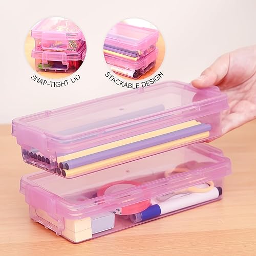 Miniatura 8 de Paquete de 8 cajas de lápices transparentes de plástico con tapas de pestillo, organizador apilable de suministros de oficina para bolígrafos de