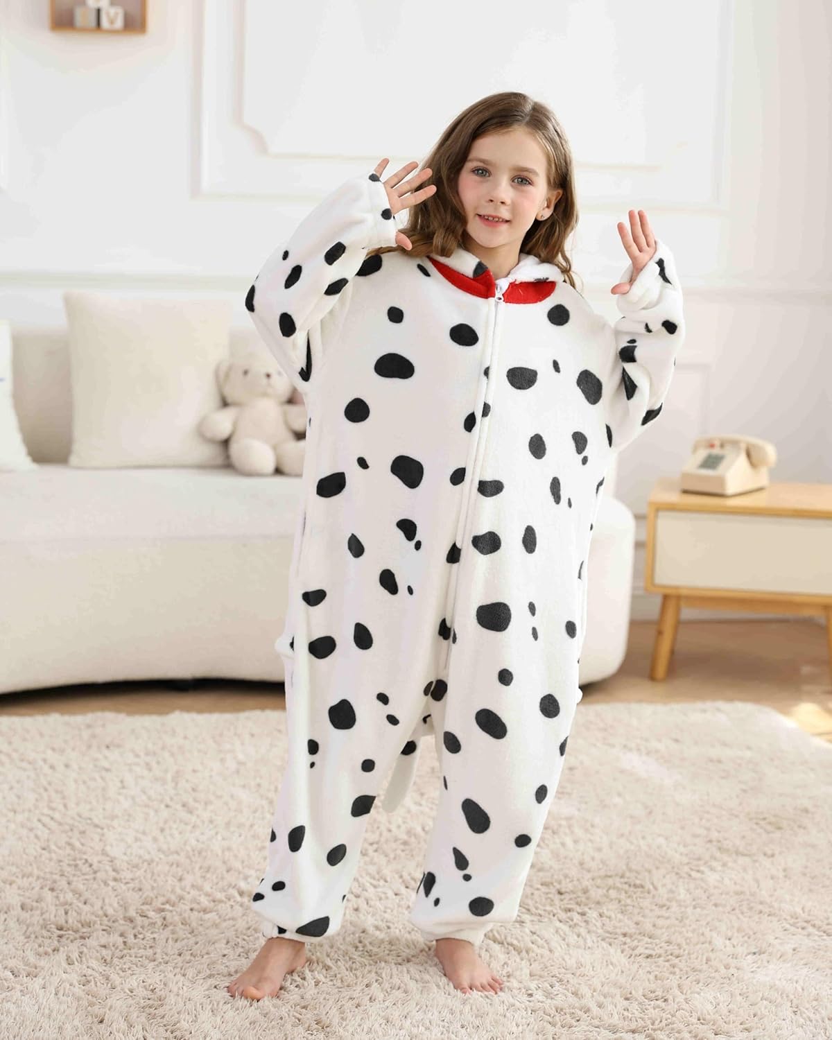 SimZoo Kids Animal Pajamas, Boy Girls Dalmatian Cosplay Costume Sleepwear, One-Piece Unisex Homewear 4-13Y