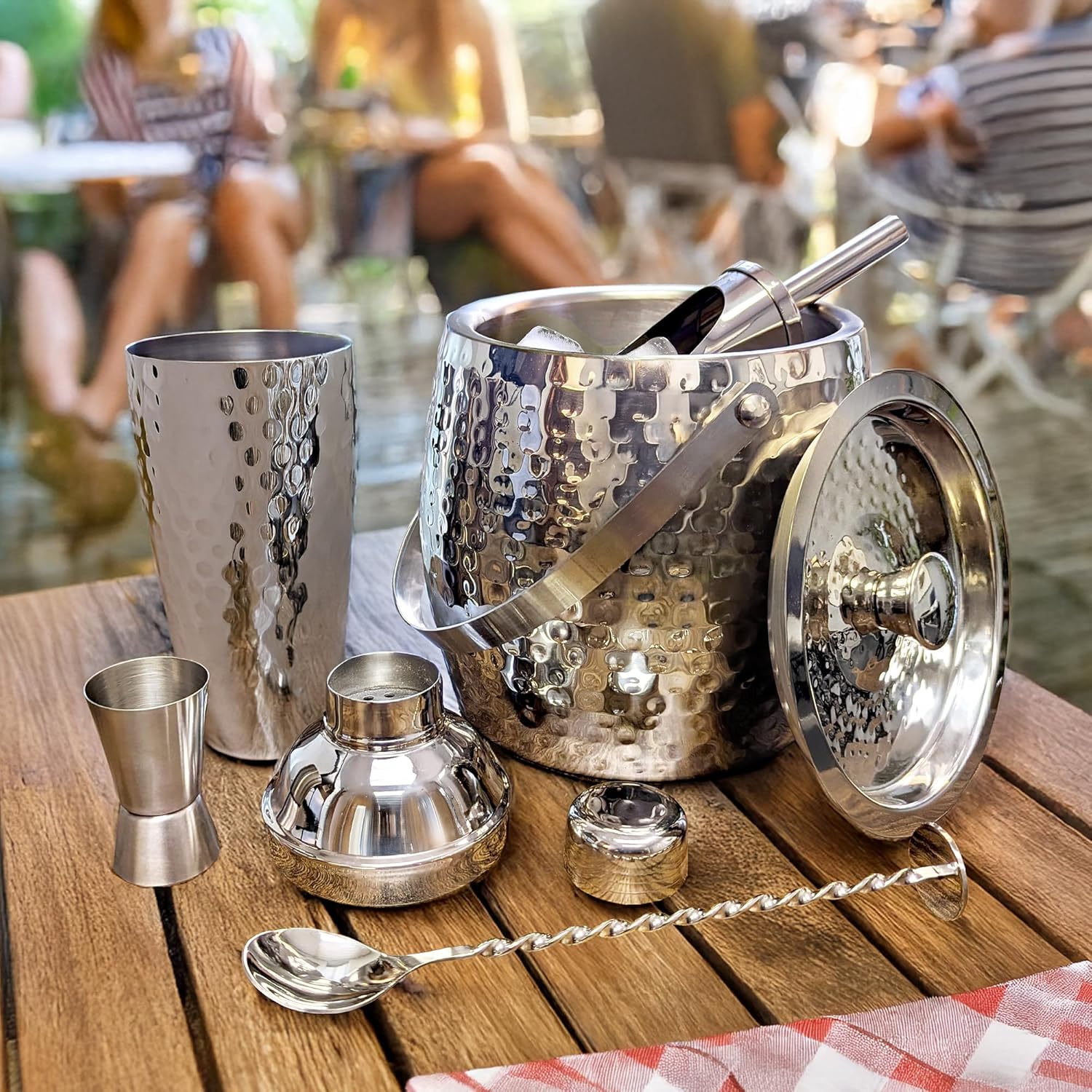 BREKX Stainless Steel Beverage Tub and Ice Bucket with Lid and Scoop Party Combo Set, Silver Double-Walled Insulated Barware Set