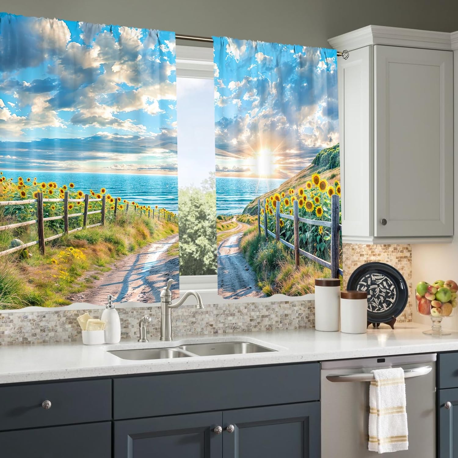 Beach Sea Ocean Kitchen Curtains Summer Ocean Short Tier Curtain for Kitchen Country Short Cafe Tier Curtains Decor for Living Dining Bathroom Room Seascape Hawaiian Theme 2 Panels Set 28"x 39"