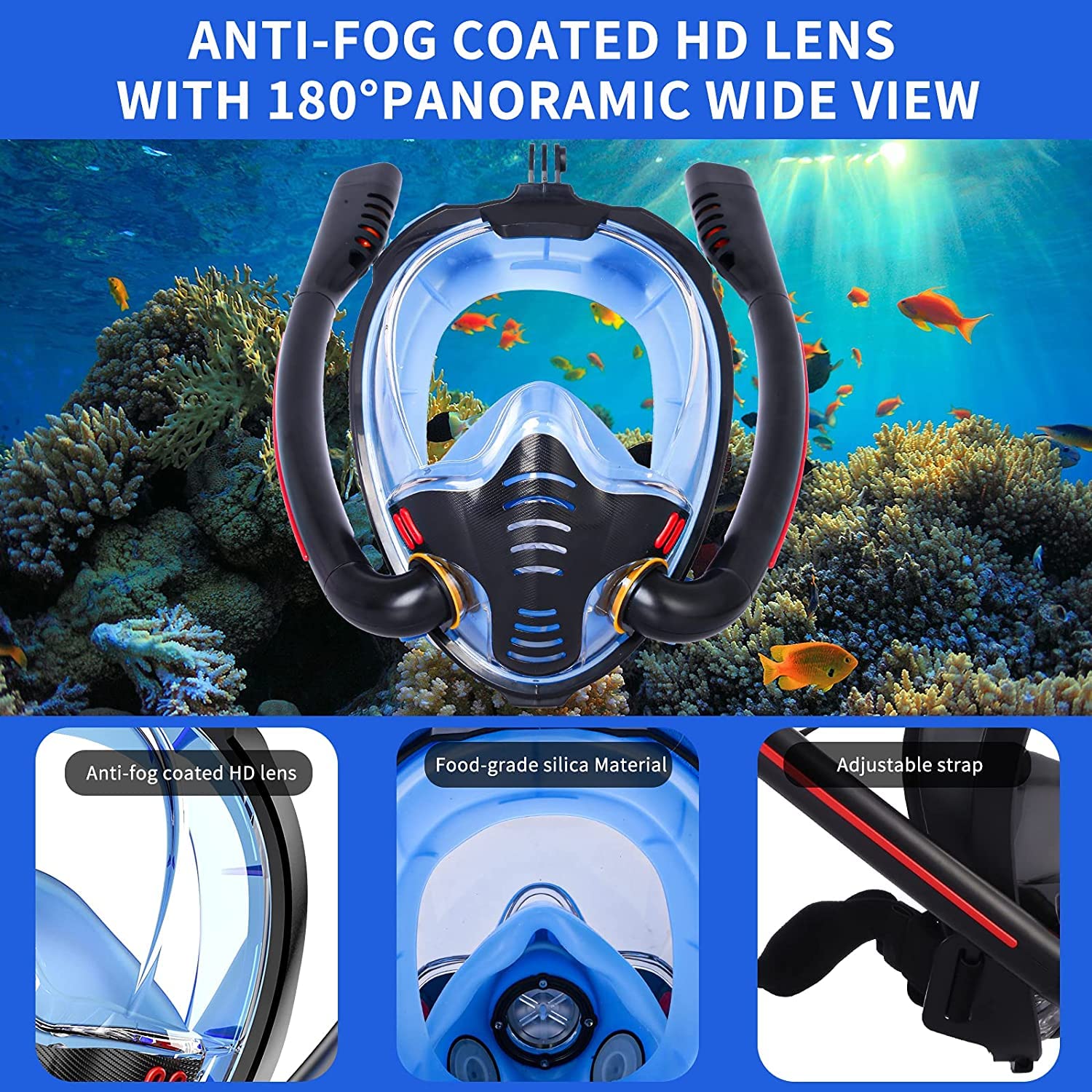 VBM Full Face Snorkel Mask with Anti-Fog Wipes, 180 Degree Panoramic HD View Snorkeling Mask, Double Tubes Designed Anti-Leak Dry Top Set for Adults and Kids(Black -L/XL) 4