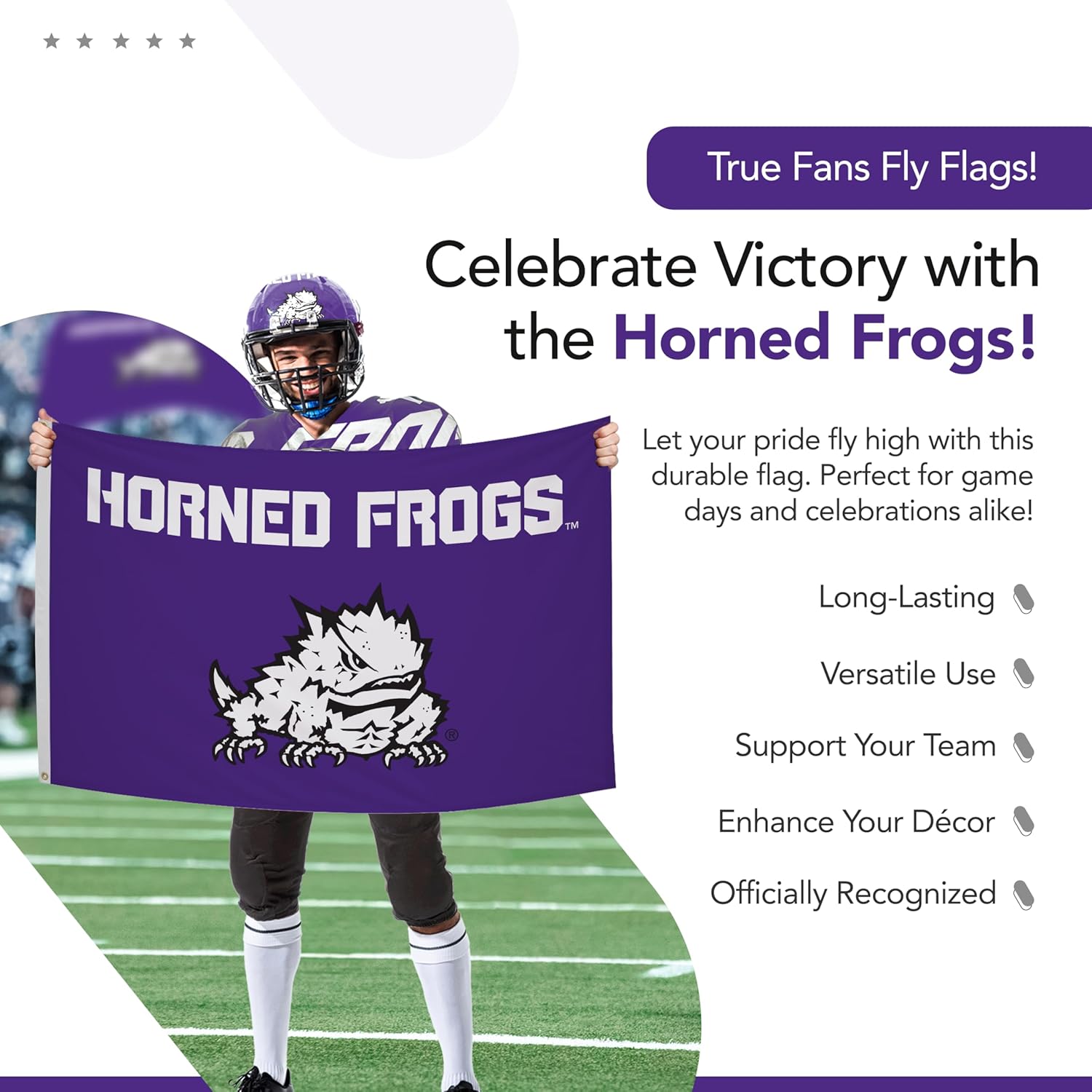 TCU Horned Frogs College Sports Printed Flag - NCAA Licensed - Nylon - School Banner (Purple, White, Black) (3' x 5') - Image 5