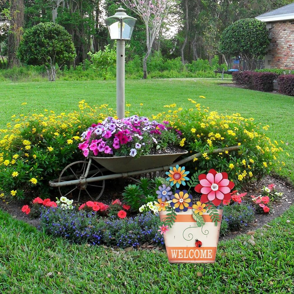 hogardeck Garden Decor for Outside, Metal Flower Pot Decorative Garden Stakes with Flowers for Spring Decor, Yard Art Welcome Sign for Outdoor Garden Lawn Backyard Porch Patio Decorations