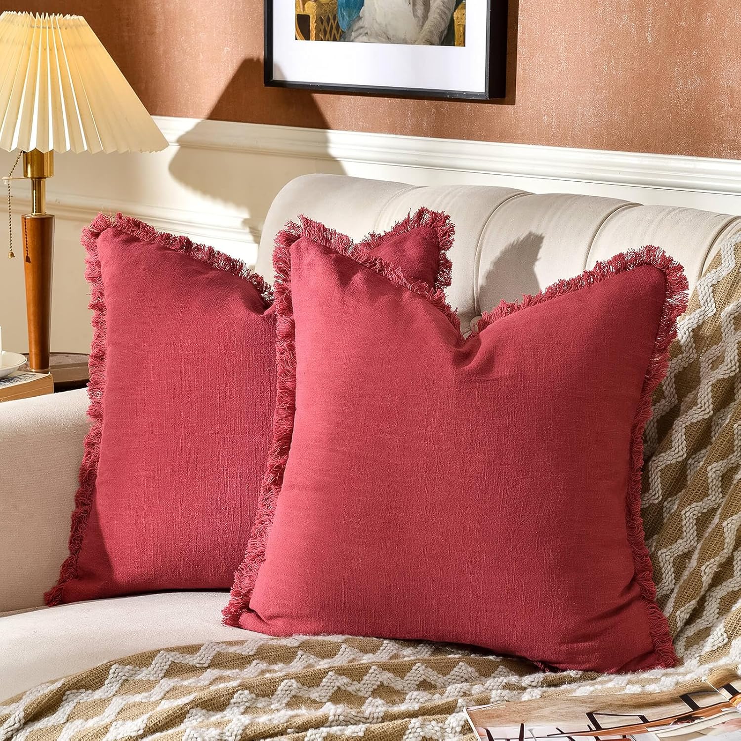 AmHoo Pack of 2 Linen Pillow Covers with Tassels Fringed Decorative Rustic Natural Throw Pillowcase Cushion for Couch Sofa Bedroom 24 x 24-Inch Jester Red 24" x 24" (Pack of 2) Jester Red