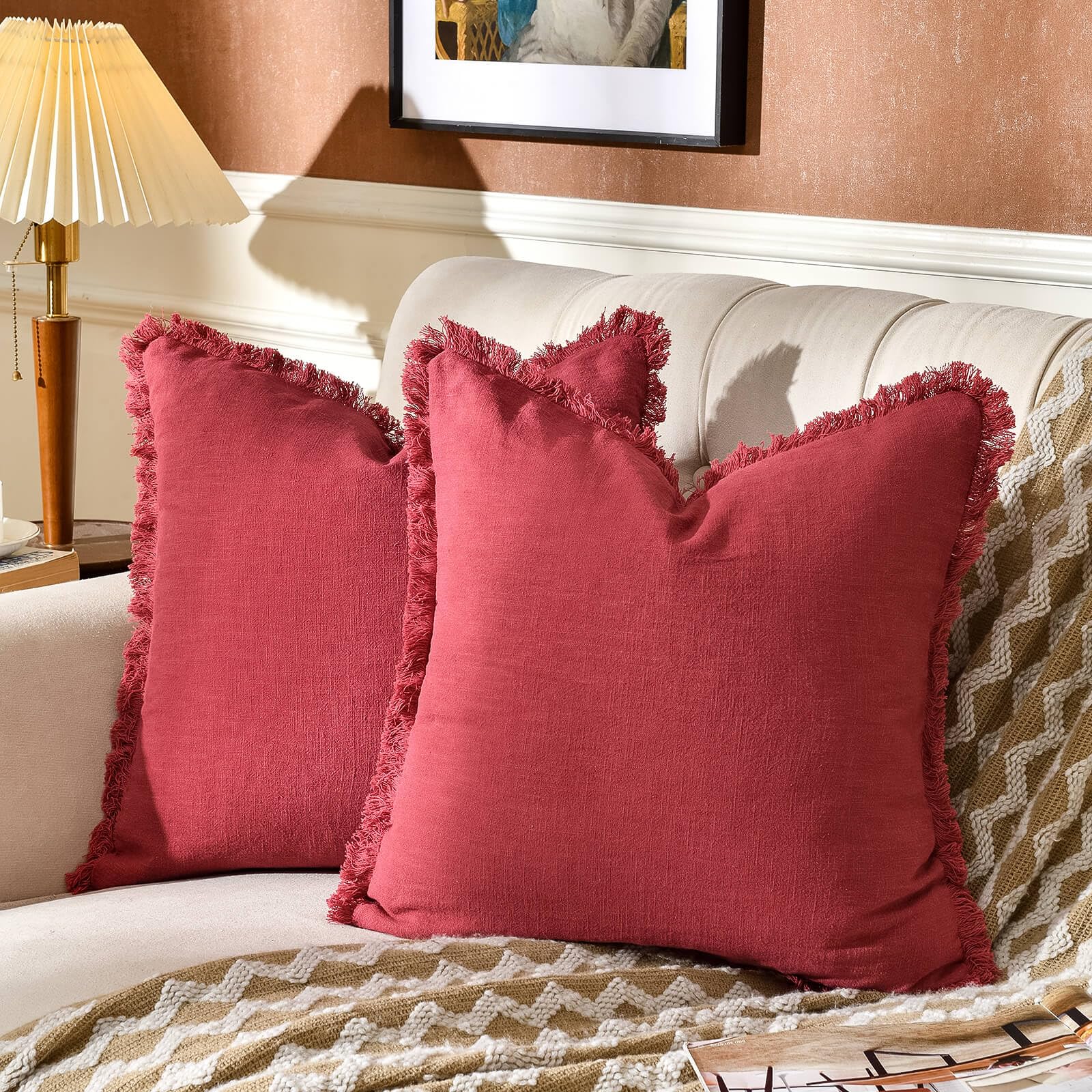 AmHoo Pack of 2 Linen Pillow Covers with Tassels Fringed Decorative Rustic Natural Throw Pillowcase Cushion for Couch Sofa Bedroom 20 x 20-Inch Jester