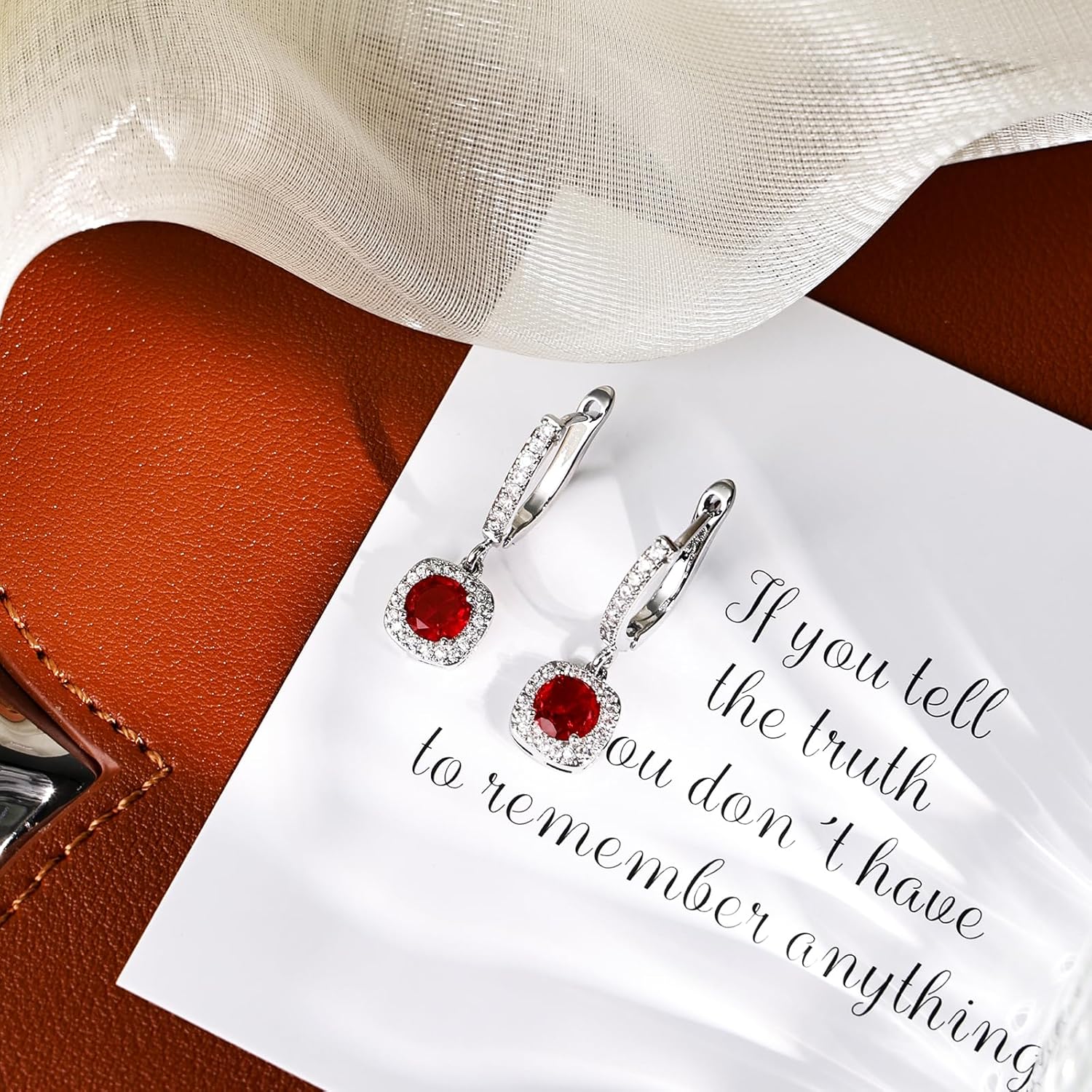 Silver Ruby Drop Earrings with Dainty Zircon Dangle Earrings for Women - Image 6