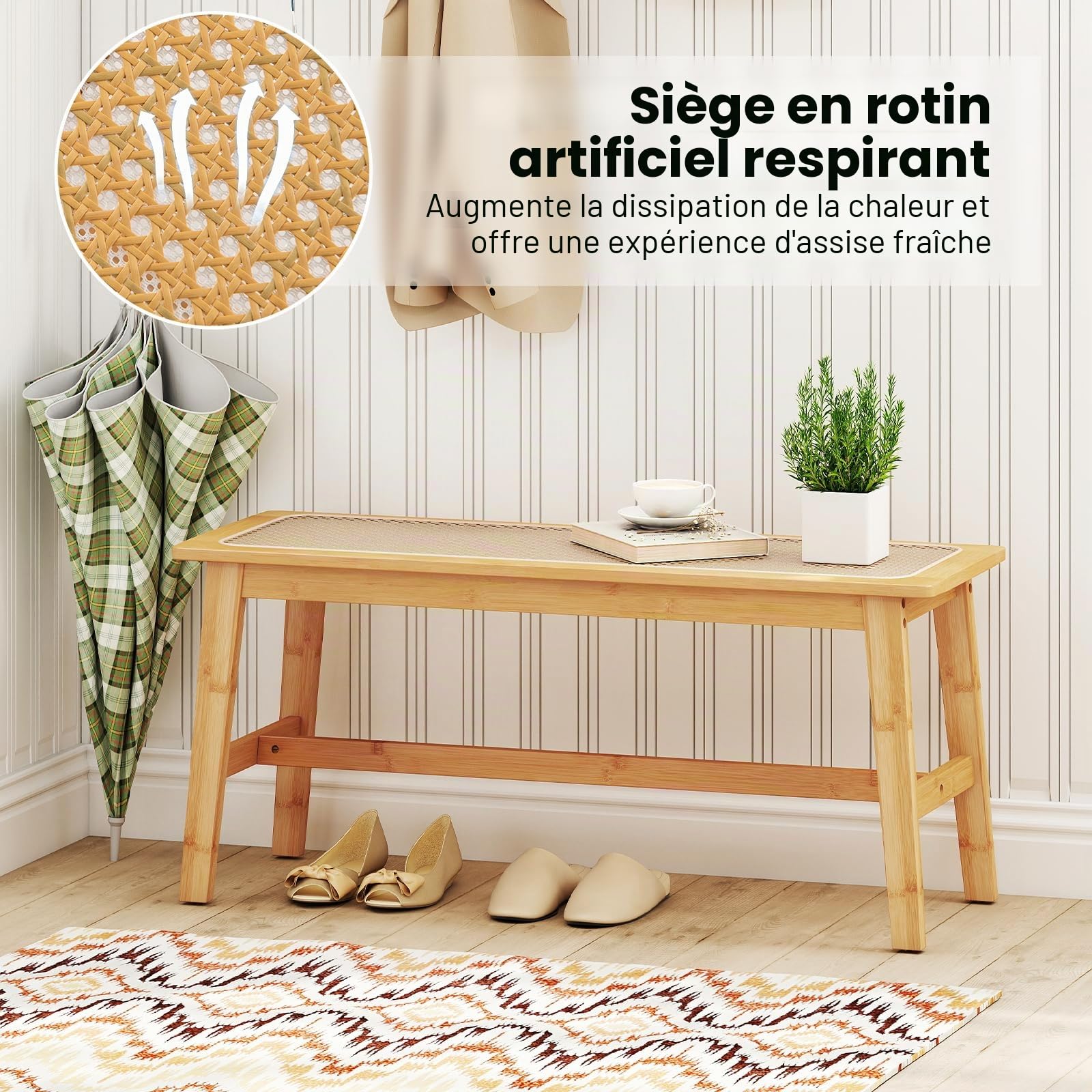 GIANTEX Banc Salle a Manger pour 2 Personnes, Banc Bois en Bambou avec Siège en Rotin PVC Respirant, Patins Antidérapants, Banquette pour Chambre, Salon, Jardin, Charge 300 kg, Naturel