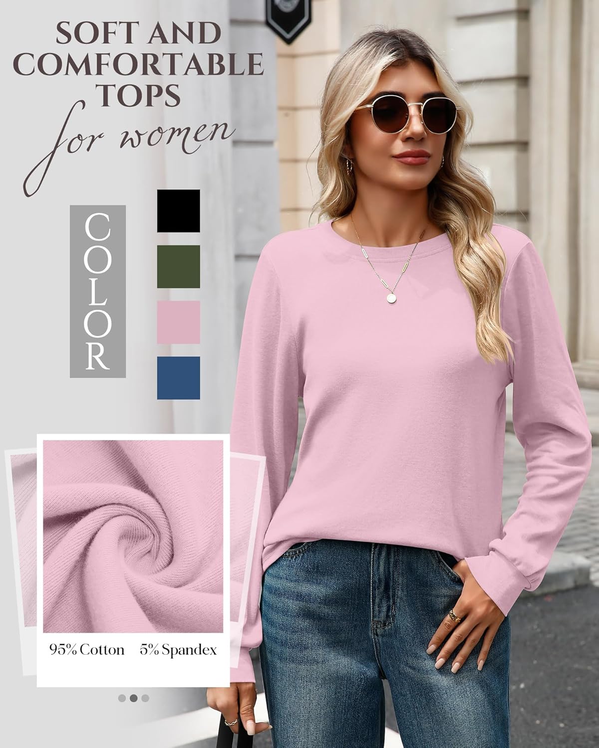 4 Pack Women's Long Sleeve Sweatshirts, Crew Neck Cotton Tees Curved Hem Tunic Pullover Shirts Knit Loose Tops - Image 5