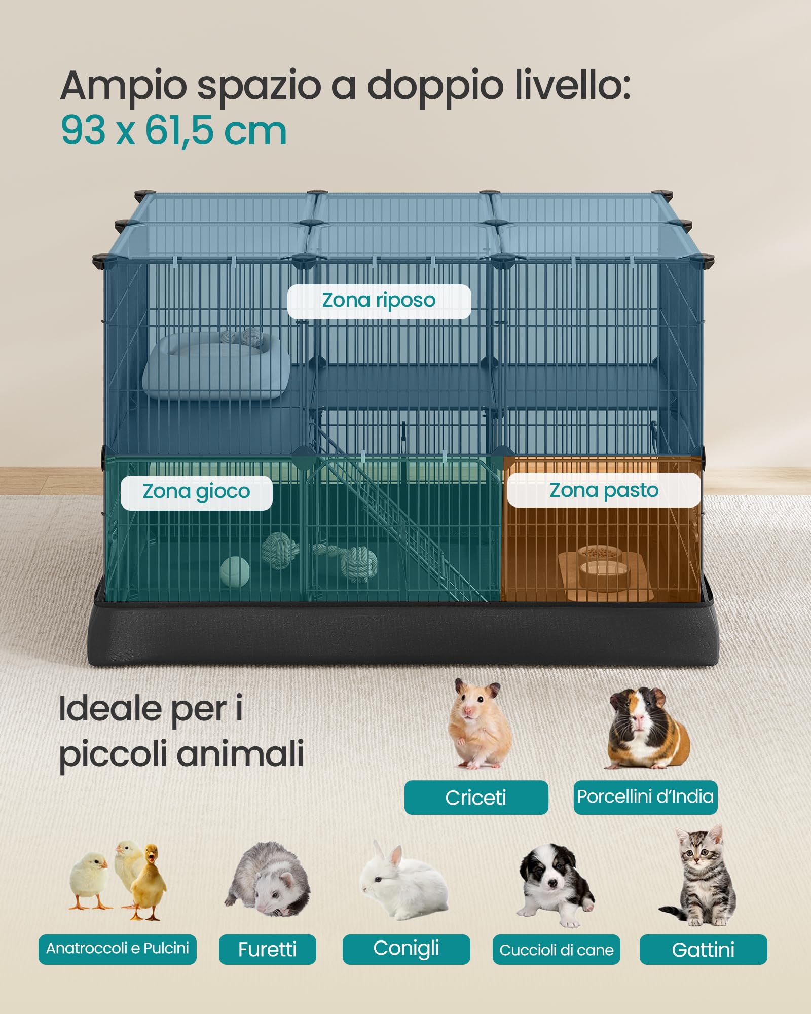 SONGMICS Recinto per Piccoli Animali a 2 Livelli, Parco Recinzione, Tappetino Impermeabile, Doppia Porta, per Conigli, Porcellini d’India, 35 Pannelli, 93 x 63 x 61,5 cm, Nero Inchiostro LPI016BH01