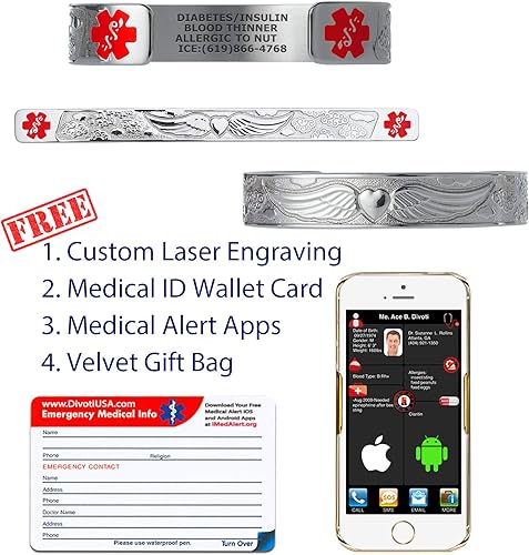 Vista 3 de Divoti Pulseras de alerta médica grabadas personalizadas para mujer, pulsera médica de acero inoxidable, pulsera de identificación médica