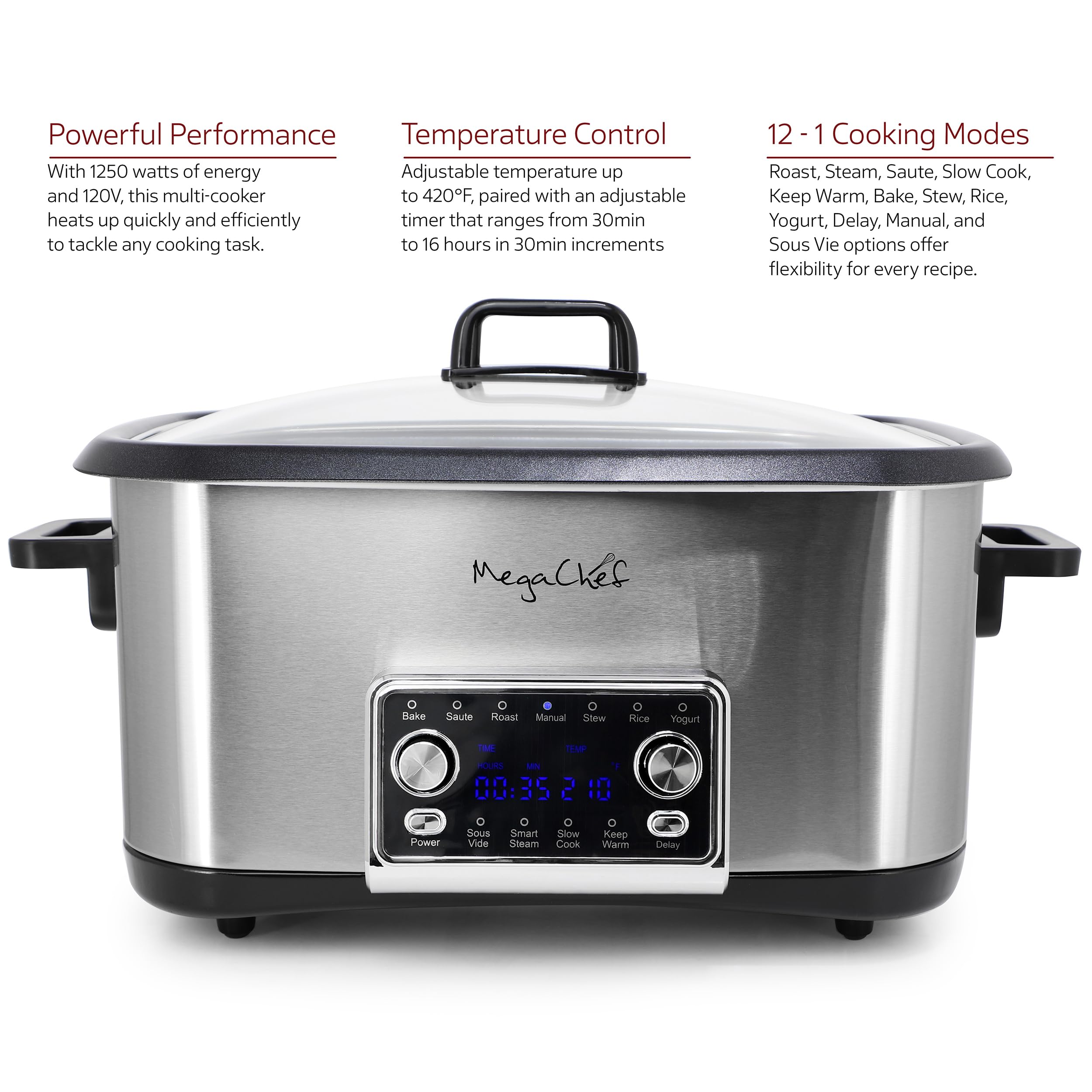 MegaChef Deluxe - Multicocina programable 12 en 1 de 8 cuartos con Sous Vide y multifunción, pantalla digital, temperatura y tiempo ajustables, olla extraíble, tapa de vidrio templado