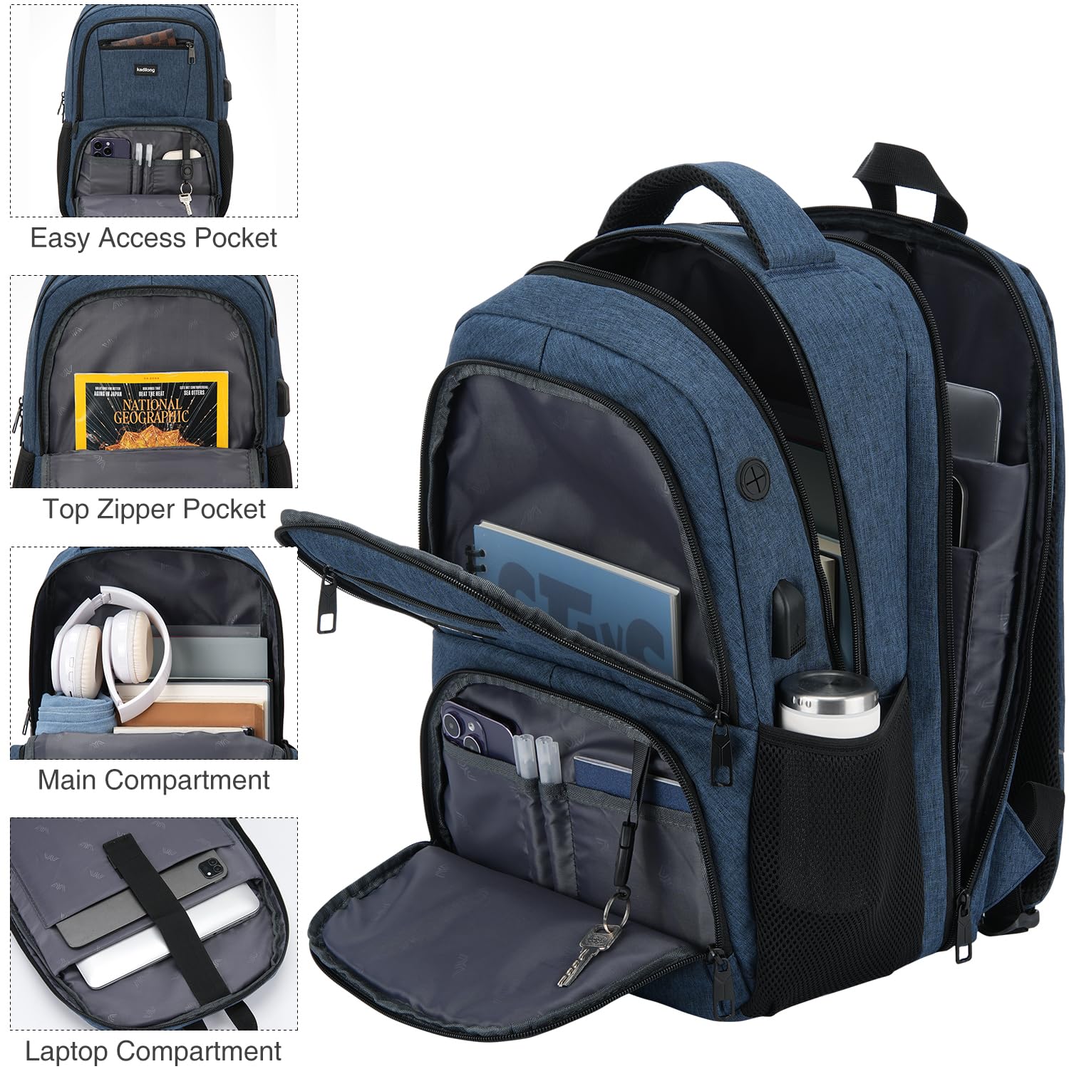 kadilong Zaino per computer portatile da 17,3 pollici da uomo, antifurto, robusto, per ragazzi, adolescenti, studenti, liceo, università, zaino per computer, caricatore USB Mochila
