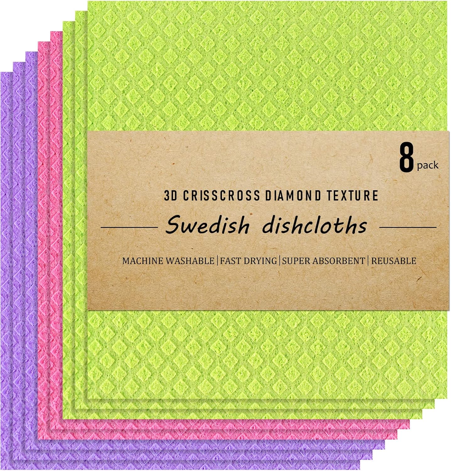 Swedish Dish Cloths - 8 Pack Reusable, Absorbent Hand Towels for Kitchen, Counters & Washing Dishes - Cellulose Sponge Cloth - Eco Friendly Gifts - Three Colour