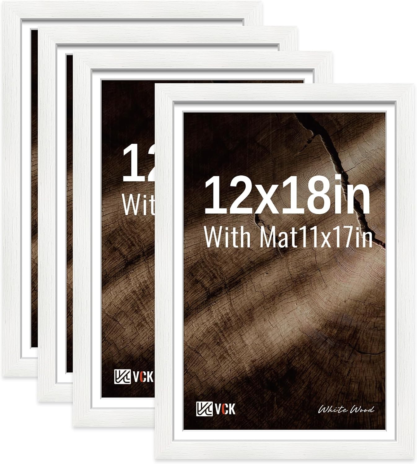 VCK 12x18 Picture Frame 4 Pack, White Wood Poster Frame, Tempered Glass, Display Photo 11x17 with Mat or 12 x 18 Without, for Home, Office, Studio and Gallery, Wood Grain Series, Wall Hanging White 12x18