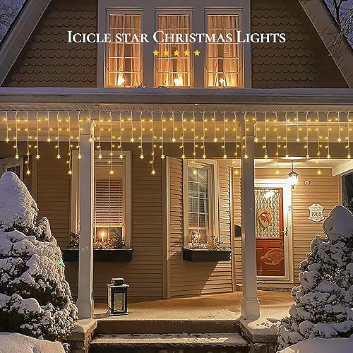 Miniatura 5 de Luces de carámbano de estrella para exteriores, 200 LED de 40 gotas de luces en forma de estrella, 8 modos de iluminación, temporizador enchufable,