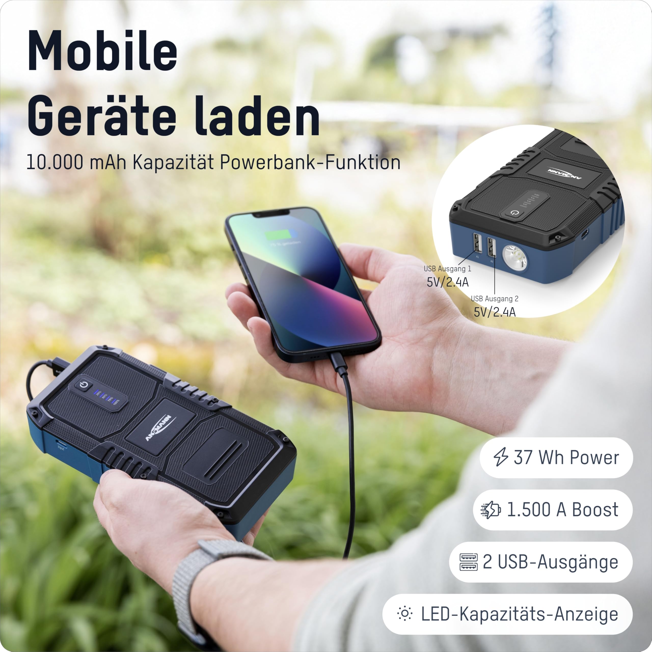ANSMANN Starthilfe-Powerbank, 1500A, 12V Fahrzeugbatterien, kompakte Starter-Powerbank für Auto, Motorrad & Boot, mit Taschenlampe, 6L Benzin 3L Diesel, schwarz, blau