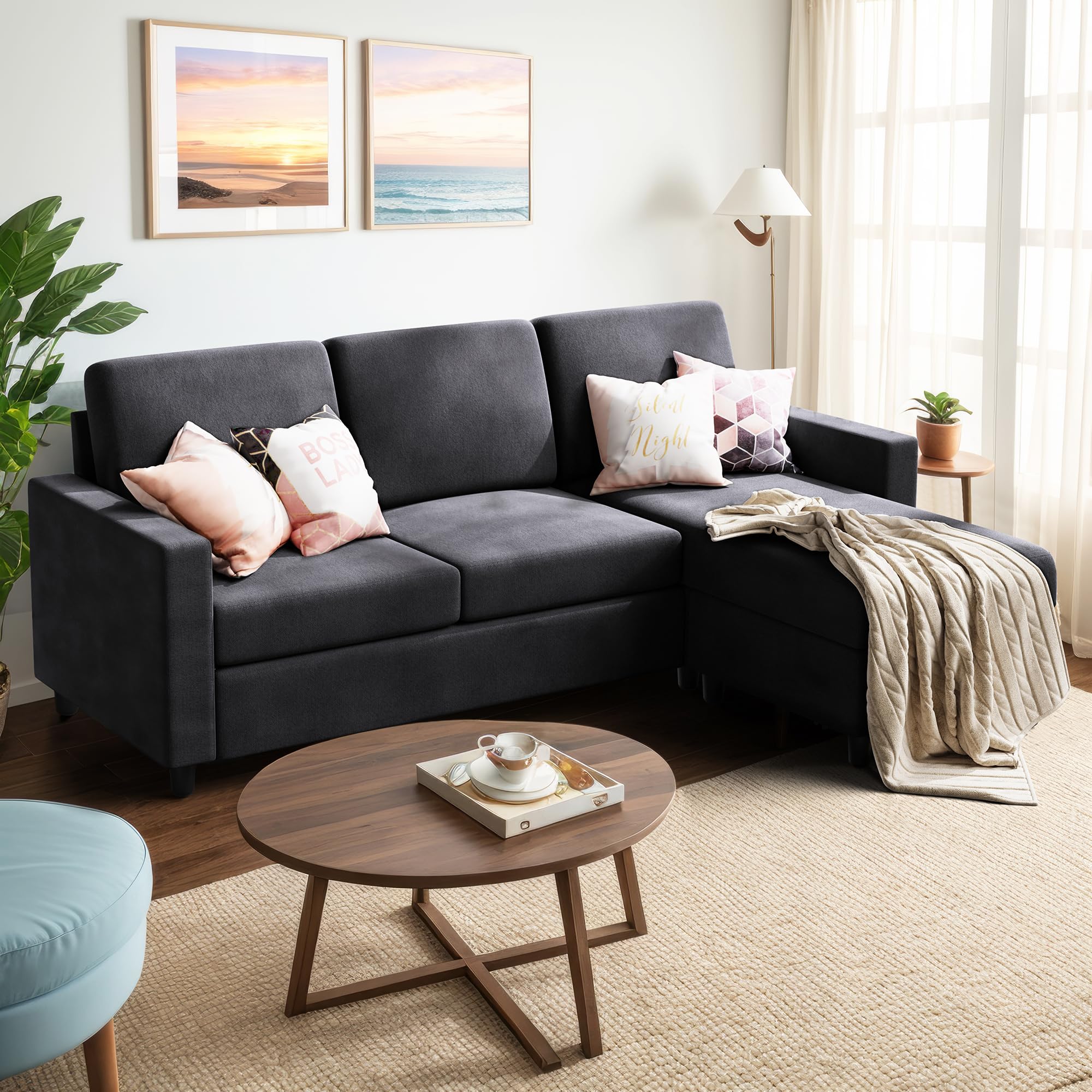 (incomplete missing pieces)Shintenchi Convertible Sectional Sofa Couch, Modern Linen Fabric L-Shaped Couch 3-Seat Sofa Sectional with Reversible Chaise for Small Living Room,Apartment (Charcoal)