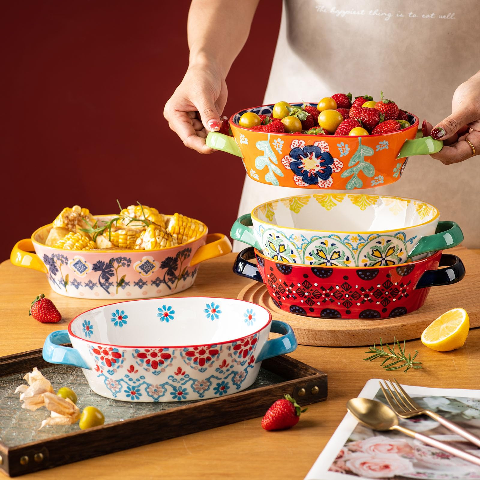 Cazuela de cerámica para hornear de 9.7 x 6.25 pulgadas, sartén profunda para lasaña para horno, bandeja para hornear de 28 onzas con asas, apta para horno y duradera para lasaña, regalos de