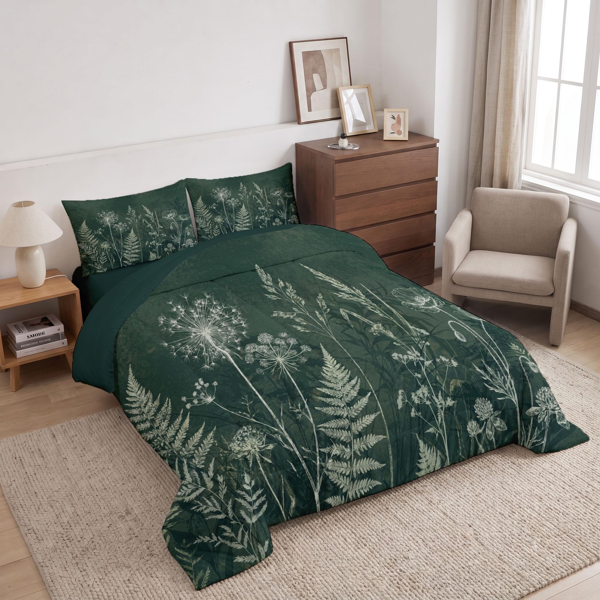 Bettdecke Ohne Bezug Löwenzahn Farne Mohnblumen 140x200cm | 4 Jahreszeiten Waschbare Bettdecken Retro Dunkle Pflanzen Warme Steppdecke - Weiche Wendebettwäsche Mit 2 Kissenbezug
