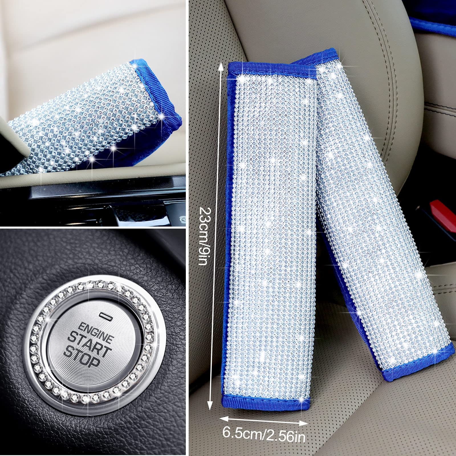 9 Pcs Bling Car Accessories Set Crystal Diamond Car Steering Wheel Cover Faux Fur Auto Center Console Pad Seat Belt Shoulder Pads Handbrake Cover with Rhinestone Ring Sticker, Royal Blue
