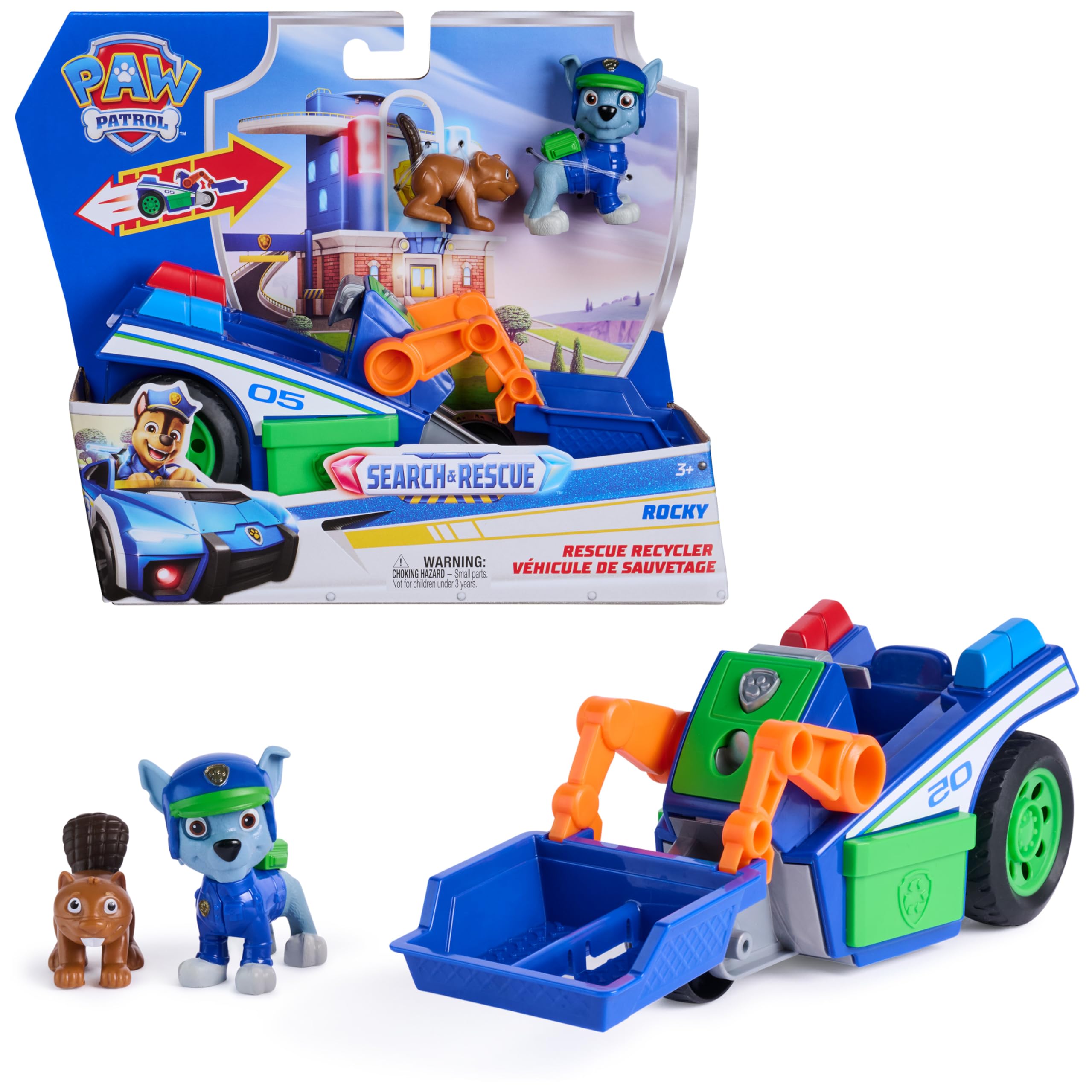 PAW PATROL - Search & Rescue: Rockys Rettungs-Fahrzeug, Fahrzeug mit Rückziehmotor, ca. 15 cm, inkl. Hunde-Figur und Eichhörnchen, detailgetreues Design zur Serie, Spielzeug ab 3 Jahren