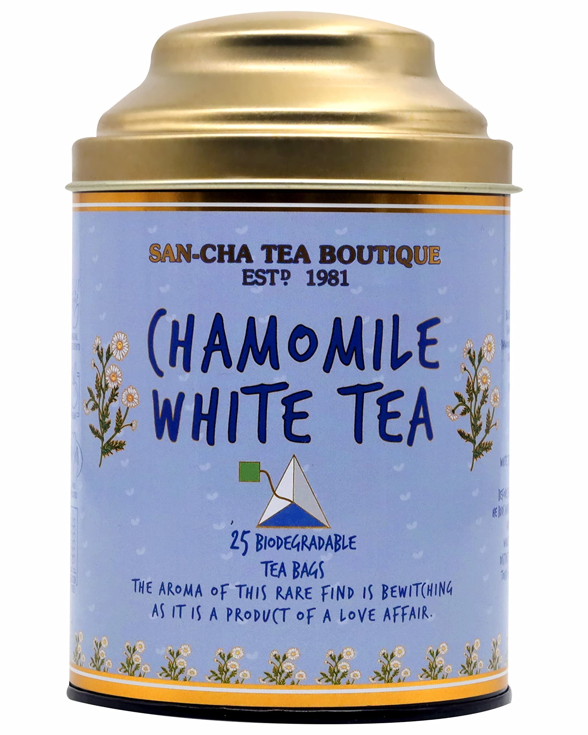 Sancha Tea Boutique, Chamomile White Tea, 25 Pyramid Bags, Silver Needle & White Peony Blend, Floral Loose Leaf Infusion