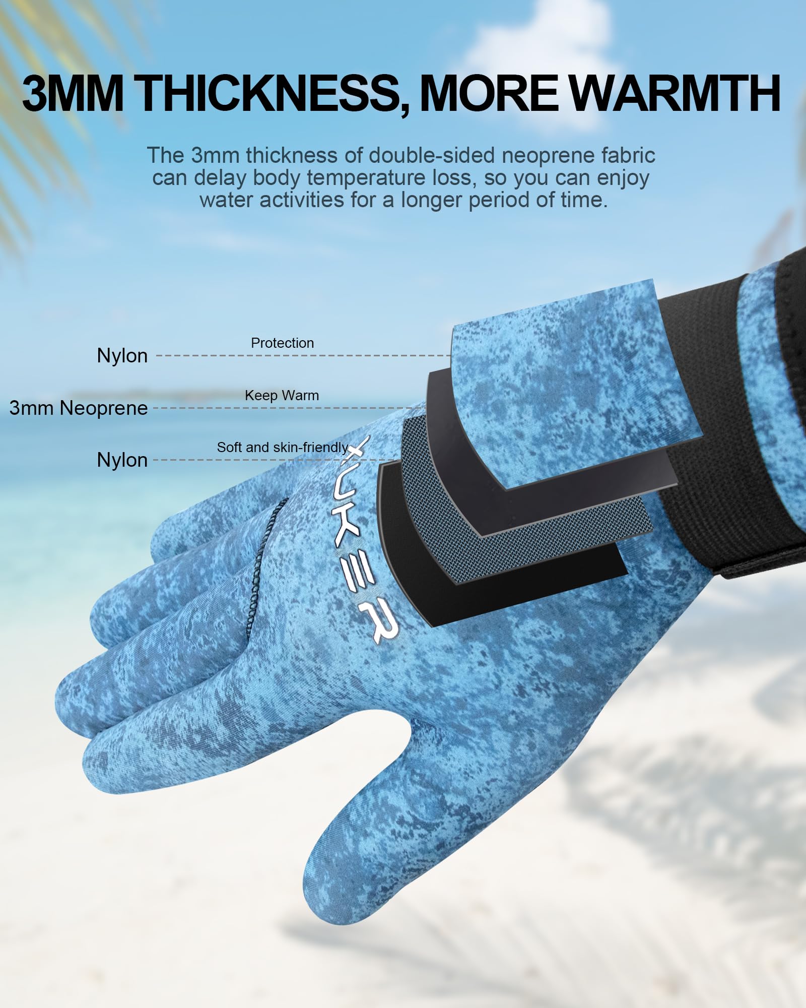 XUKER Neoprene Gloves Men Women, 3mm Camouflage Patterned Winter Wetsuit Gloves Keep Warm for Scuba Diving Surfing Swimming Fishing Water Sports