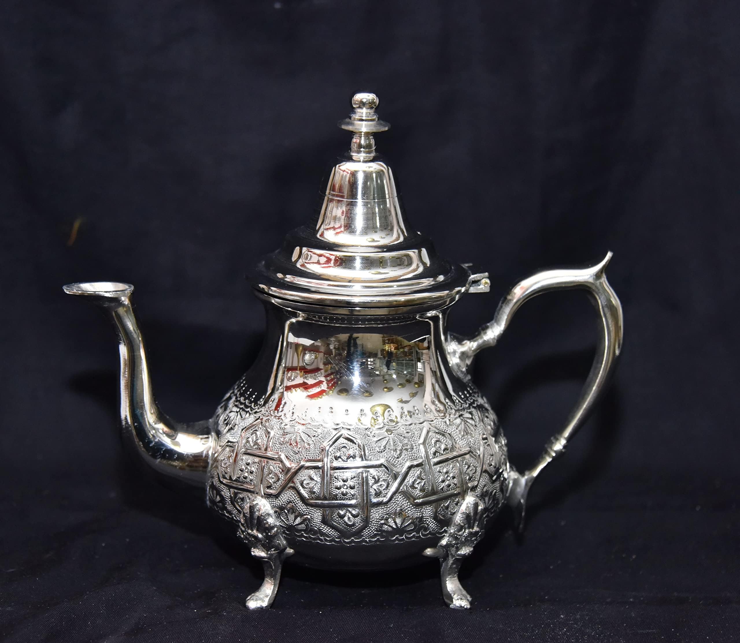 Moroccan 4 Cups Tea Pot W/ 4 Welded Legs Handmade Serving 15OZ Small Brass Silver Plated Teapot Hand Carved in Fez Morocco