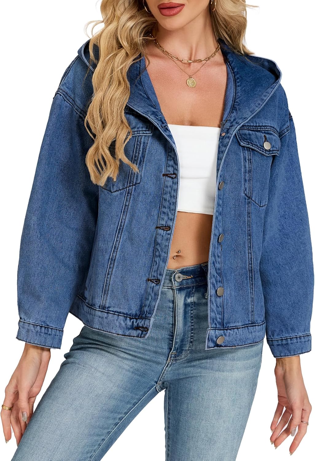 Kedera Women's Oversized Hooded Denim Jacket Long Sleeve Button Down Shirts Coat Fall Winter Boyfriend Outfit - Image 6