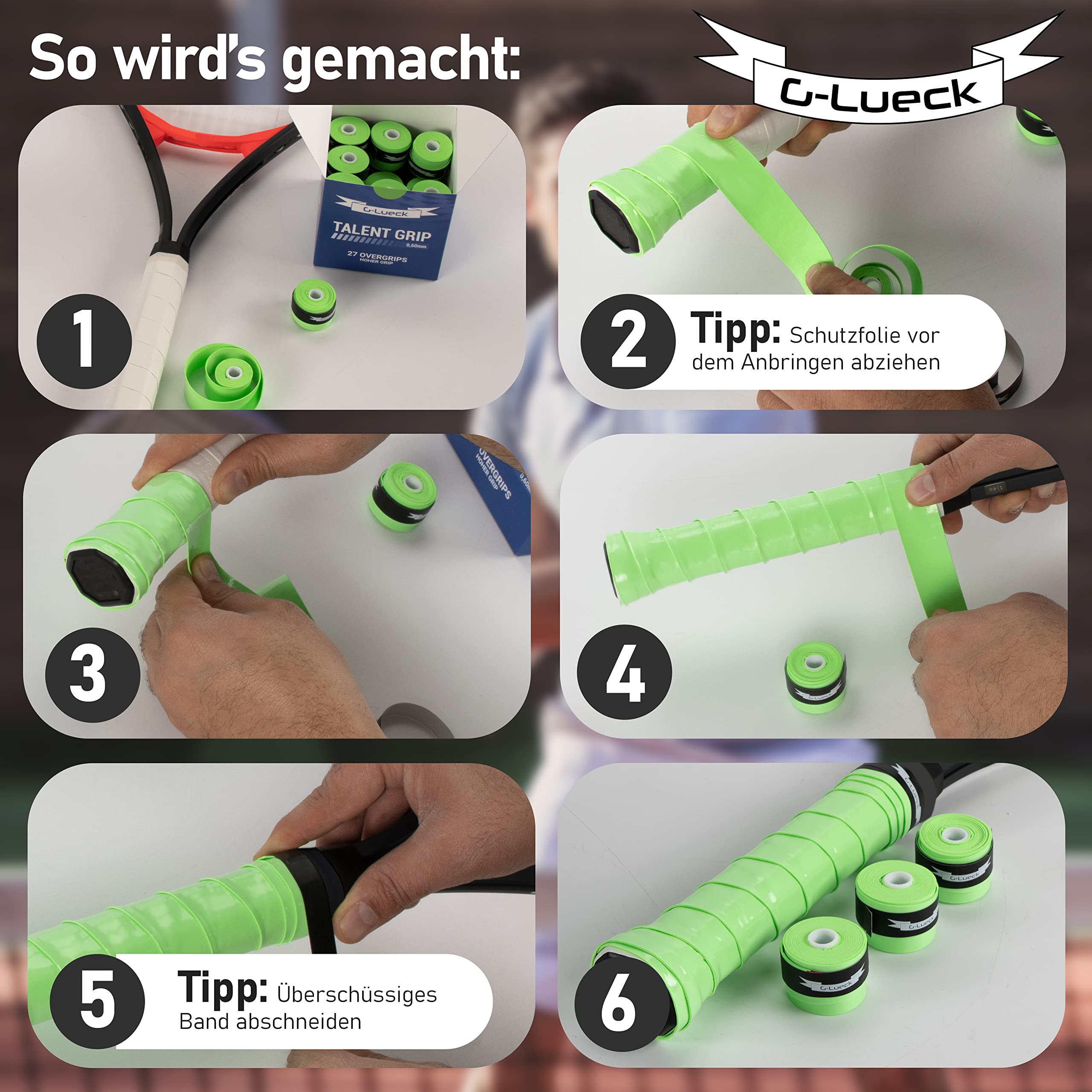 G-Lueck 50er Set Tennis Griffband Talent Grip (sehr griffig) | 0,50-0,60mm Stärke | Overgrip für Squash Badminton Schläger & Kicker inkl. selbstklebendes Abschlußband | Anti-Rutsch
