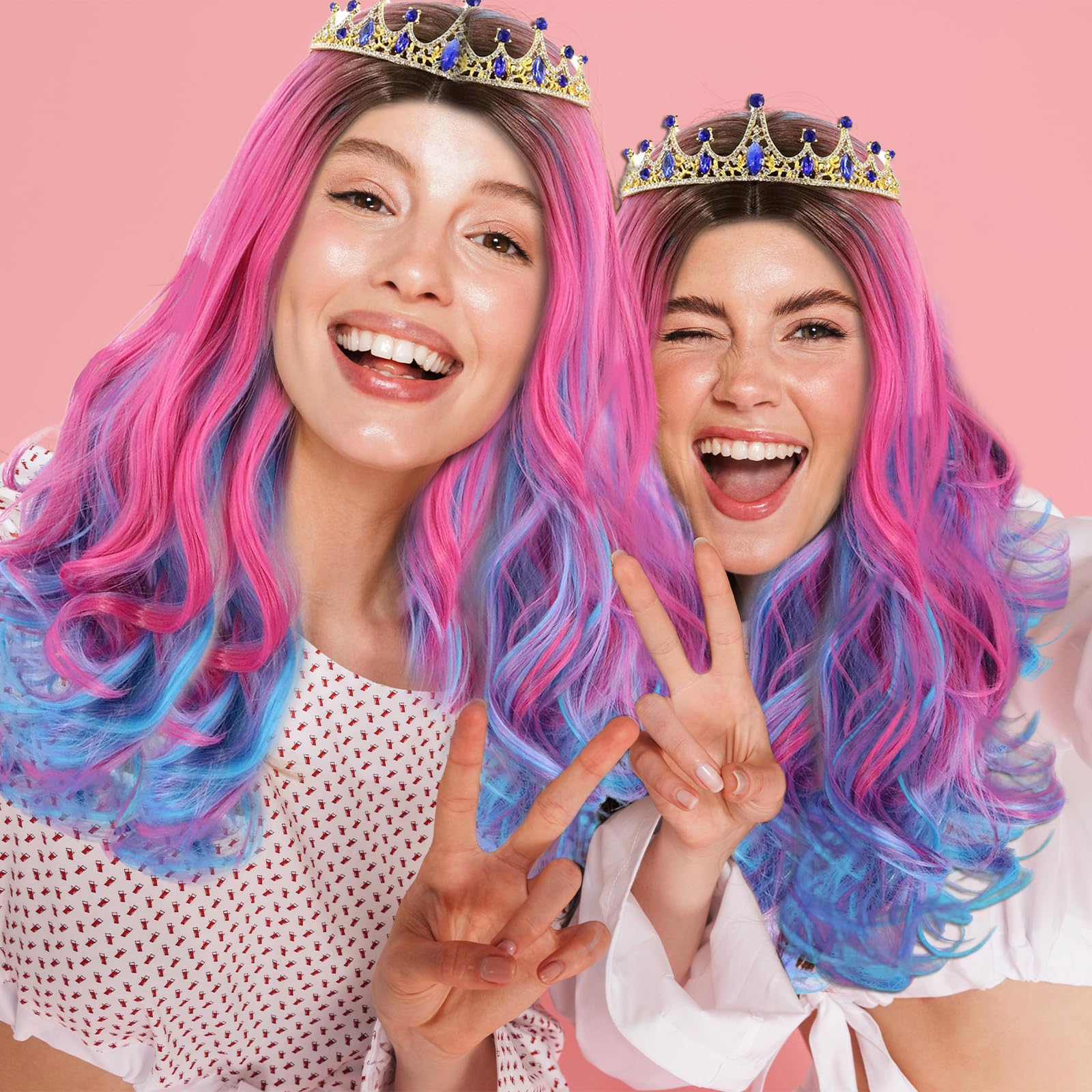Lila Ombre Rosa Perücke 70cm für Kinder und Frauen - Lang Gewellt Gelockt mit Mittelscheitel für Cosplay Anime Kostüm Karneval Maskerade