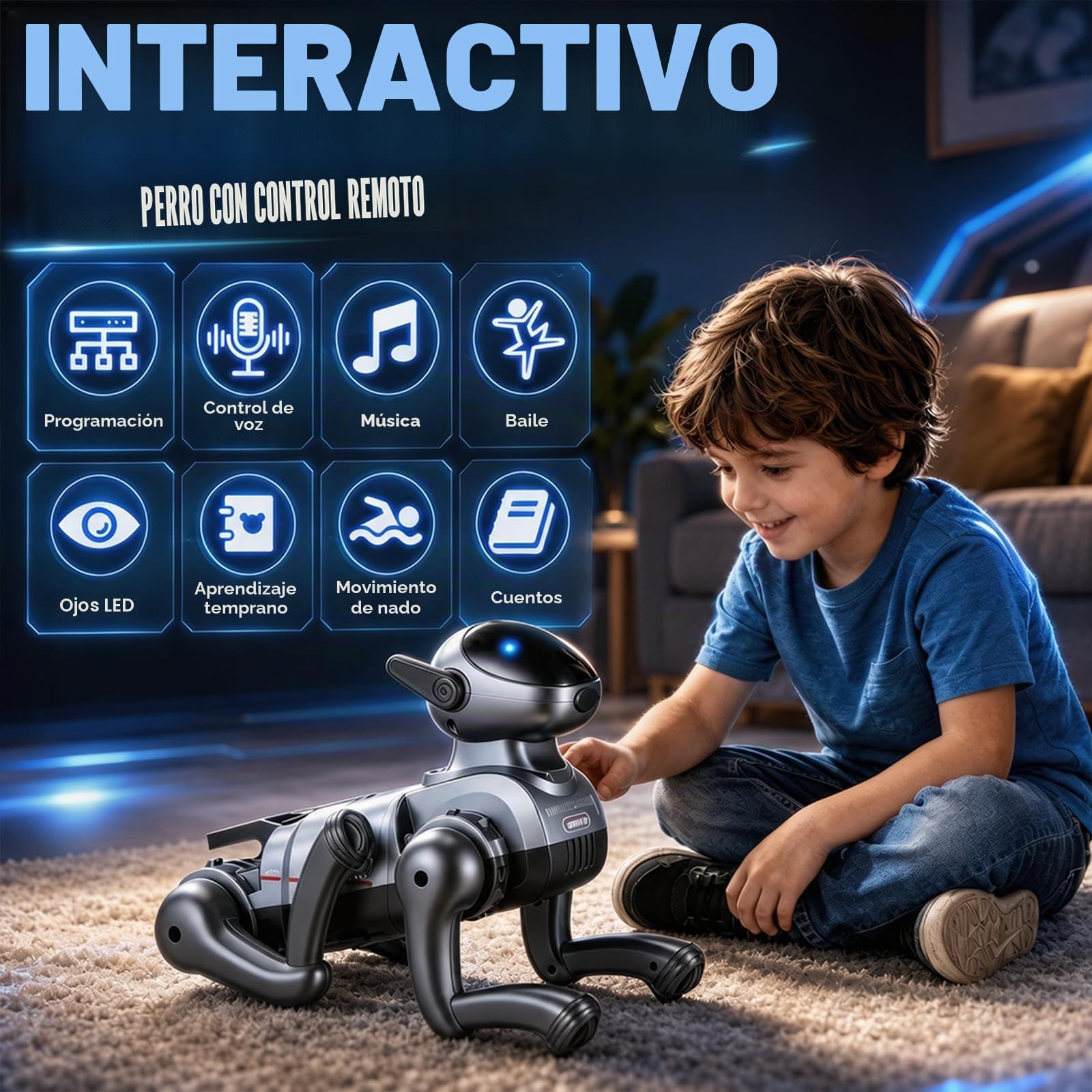 Perro Robot para Niños Recargable – Robot programable con Control Remoto 2.4G, 25 Funciones, Perro Robot Inteligente con Luces LED y Efecto de Humo, Regalos para Niños y Niñas