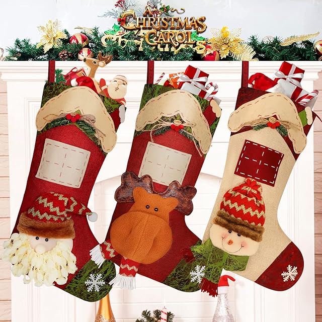 Christmas Stockings Set of 3, Personalised Xmas Stockings Large Hanging Stocking Fireplace for Tree Decoration, Christmas Ornament Sock Sack Gift Bag Candy Pouch Bag Theme Santa, Snowman, Reindeer