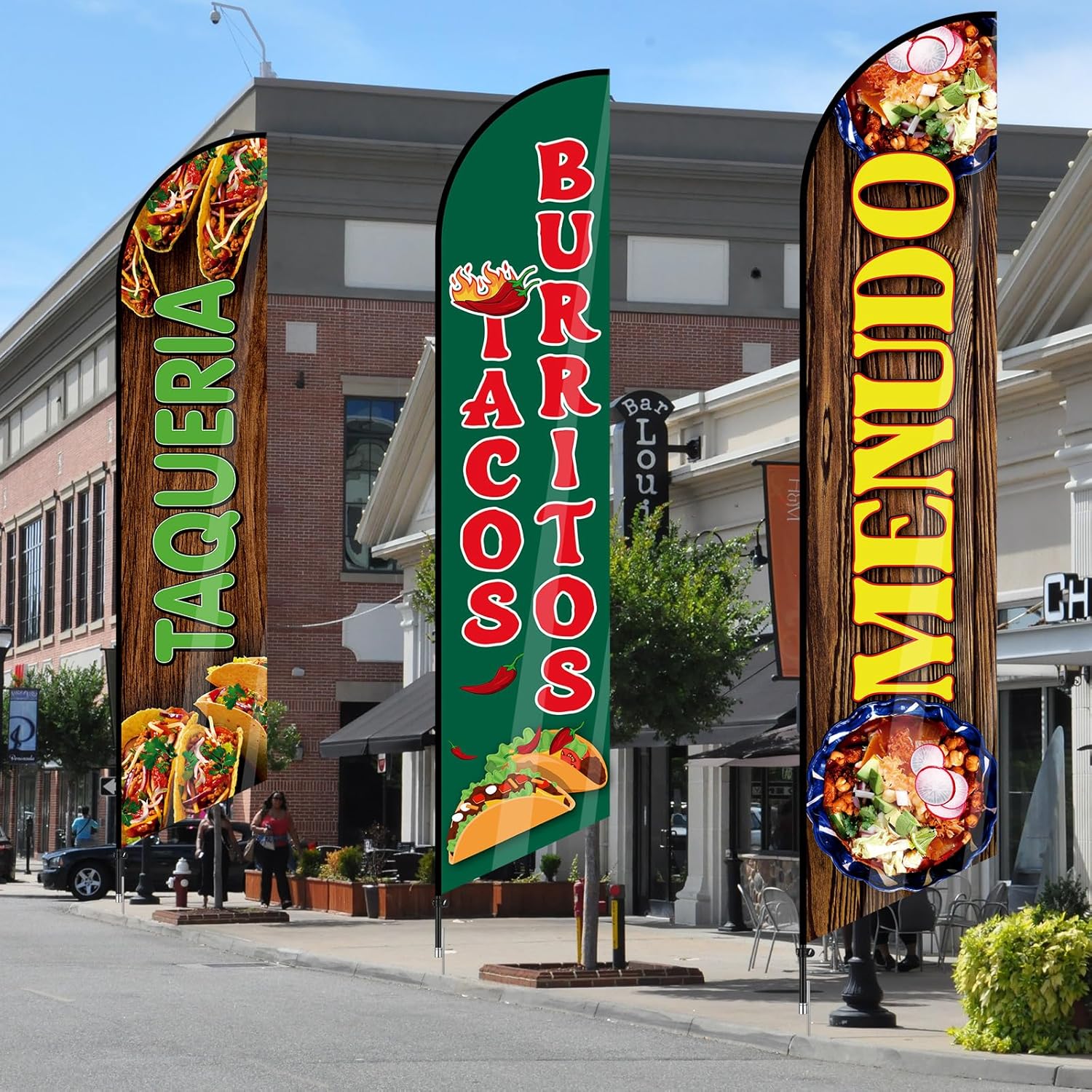 Fanfanwin 3 Pack Tacos Burritos Menudo Feather Flag Kits 15 ft Mexican Restaurant Advertising Flag Pole Mexican Food Banner Signs with Pole and Ground Stake for Restaurant Store Business Outside