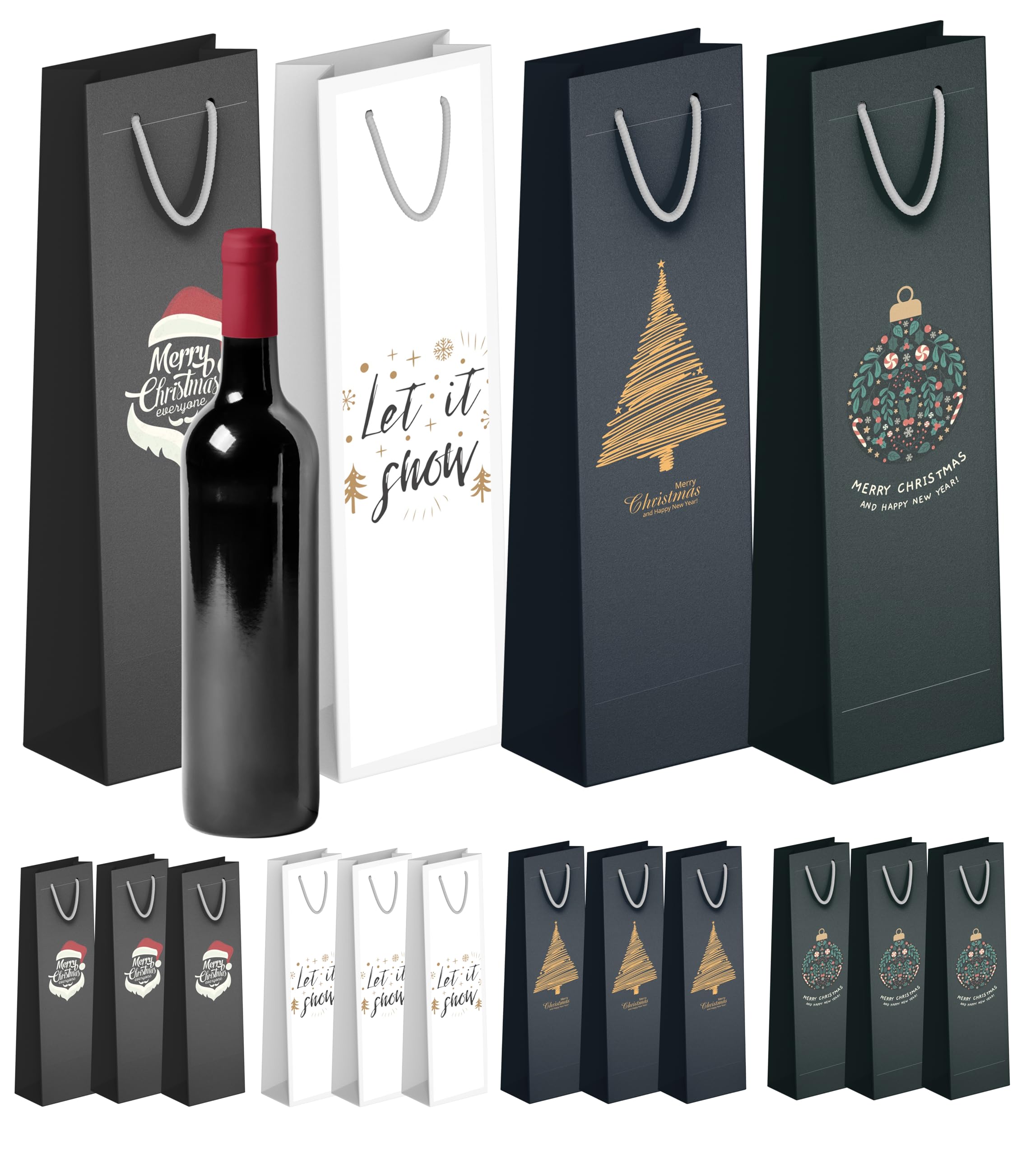 PINWATT 12 Sacchetti Regalo Natalizi Per Bottiglie Di Vino – Con Fazzoletti Ed Etichette, 6 Design, 35,6 Cm, Perfetti Per Confezioni Regalo - copertina