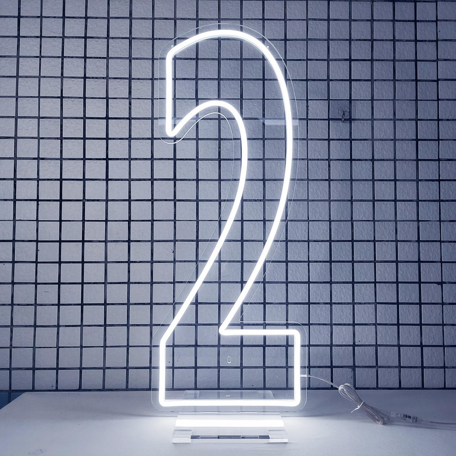 DS&DV Led Neon Number 2 Light Sign,Dimmable Neon Letters with Stand Up Base for Party Decoration (30" Cool White, Number 2)