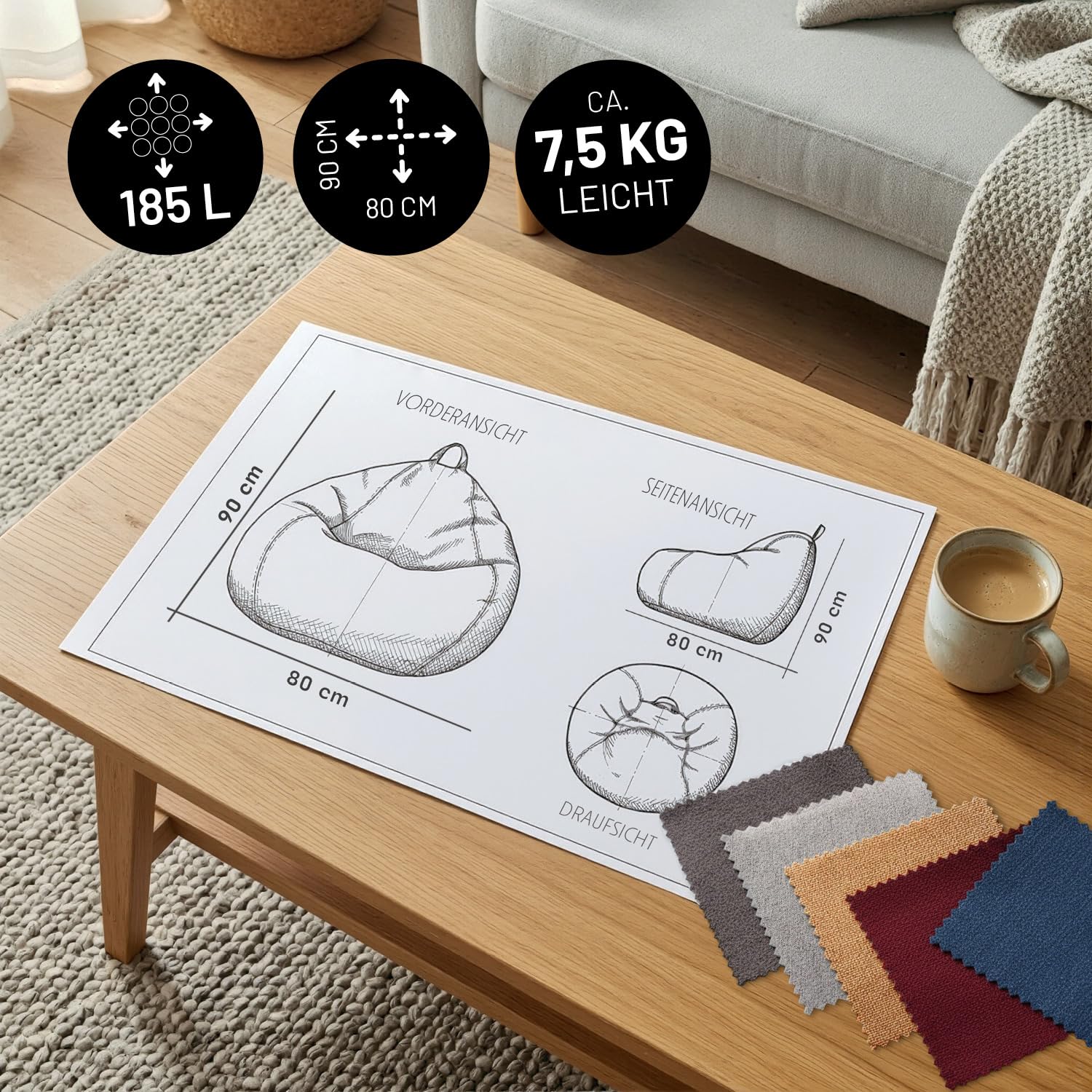 Lumaland Sitzsack Comfort Line | Indoor Beanbag 80x90x50cm mit mehr als 1,5 Mio. anpassbaren EPS-Perlen | Weiches & Komfortables Bodenkissen | Sessel für Kinder & Erwachsene | 185 L Volumen [Hellgrau]