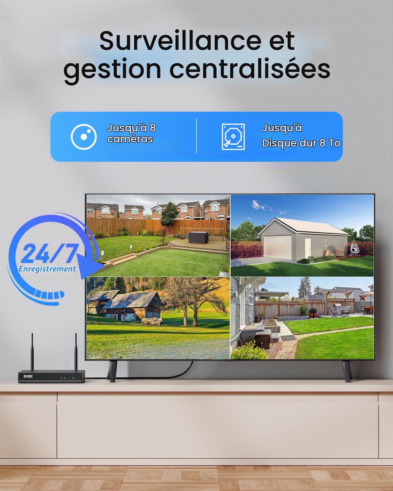 ZOSI 2K Kit Caméra de Surveillance WiFi6 NVR 8CH 8MP 1TB HDD