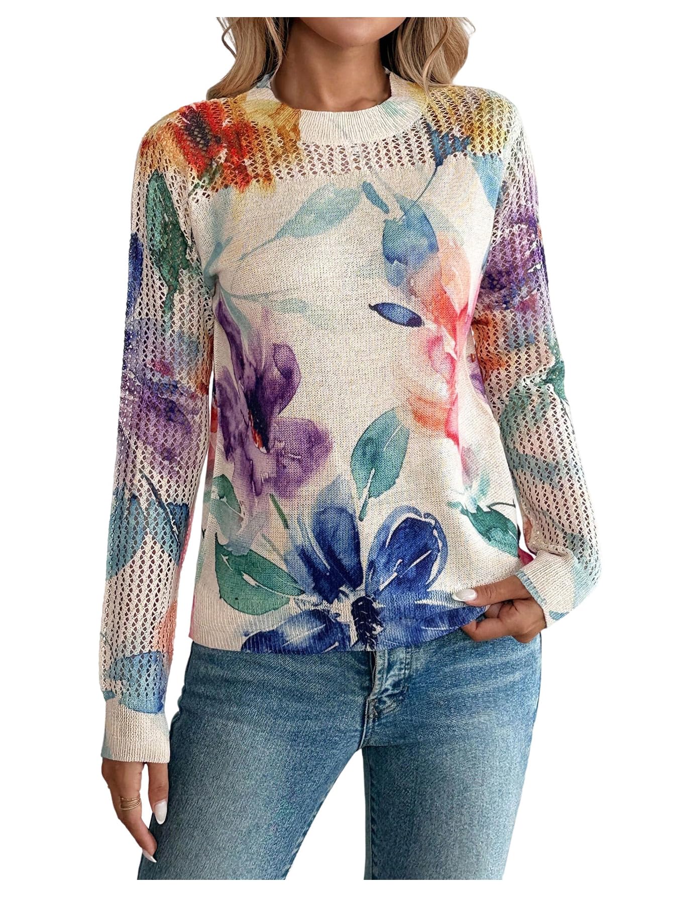 Verdusa Womens Boho Floral Pullover Sweaters Lightweight Pointelle Knit Tops