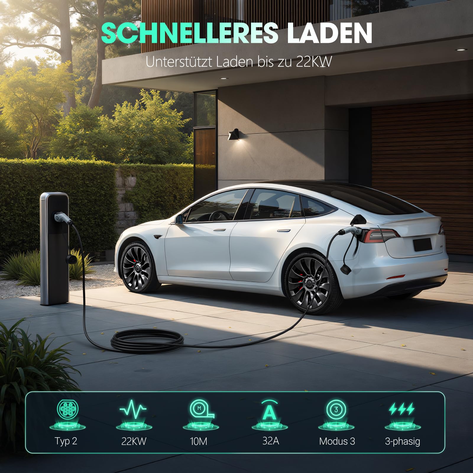 Typ-2-Ladekabel, 22KW 10M 32A Dreiphasiges E-Auto-Ladekabel Typ 2 auf Typ 2 Mode 3 für Elektro- und Hybridfahrzeuge – Kompatibel mit Model S/3/X/Y, e-Golf, ID.3, i3/i8