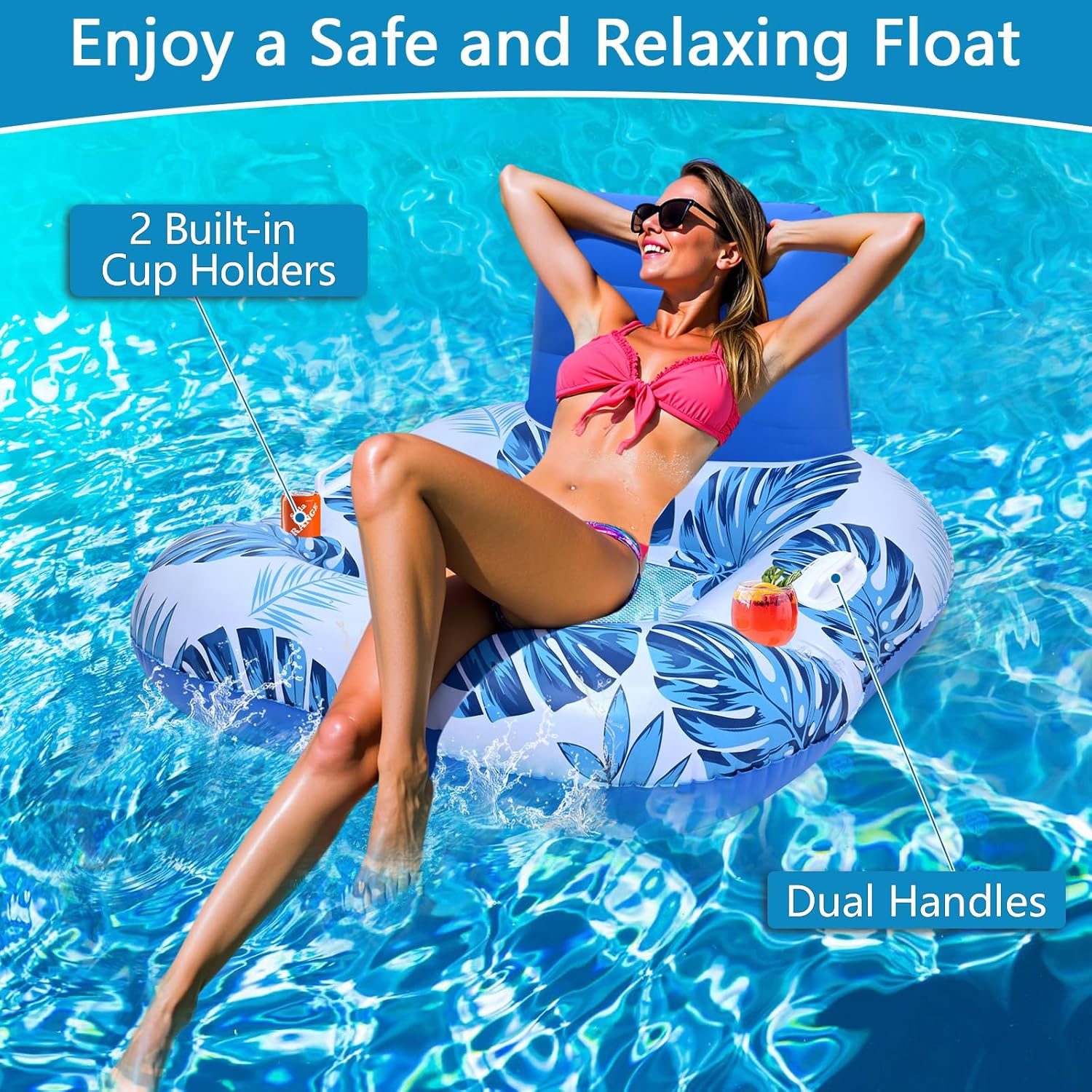 2025 Upgraded Pool Float with Canopy, 2 Cup Holders - XL Inflatable Pool Floats with Adjustable Sun Shade Cover, Dual Handles, Ergonomic Headrest, Heavy Duty Adult Floats for Pool, Beach, Lake