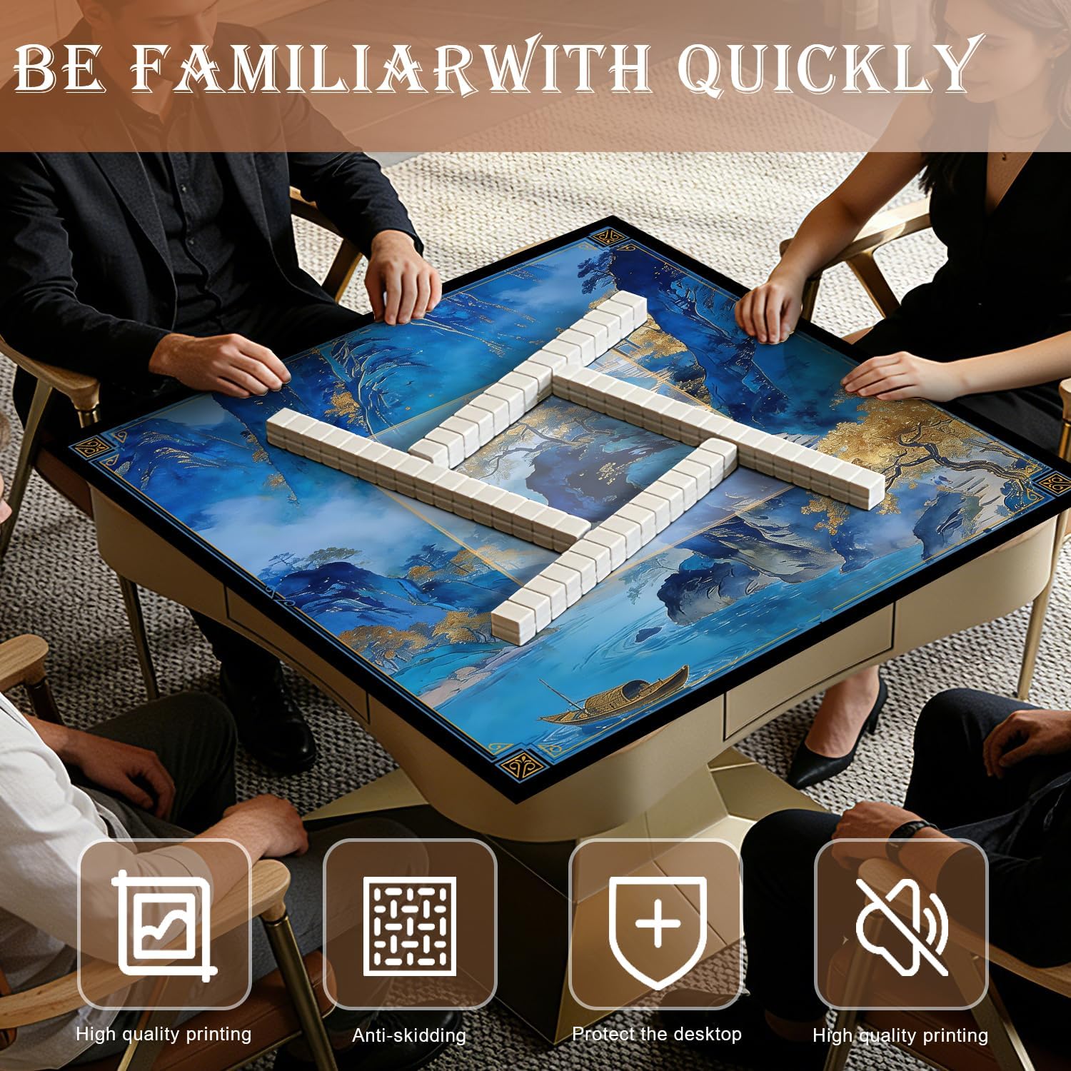 Blue and Gold Chinoiserie Mahjong Mat for Table 31.5x31.5 in, Traditional Chinese Mountain Pavilion Mahjong Table Mat Cover Anti Slip Noise Reduction for Mah Jong Card Board Tile Games