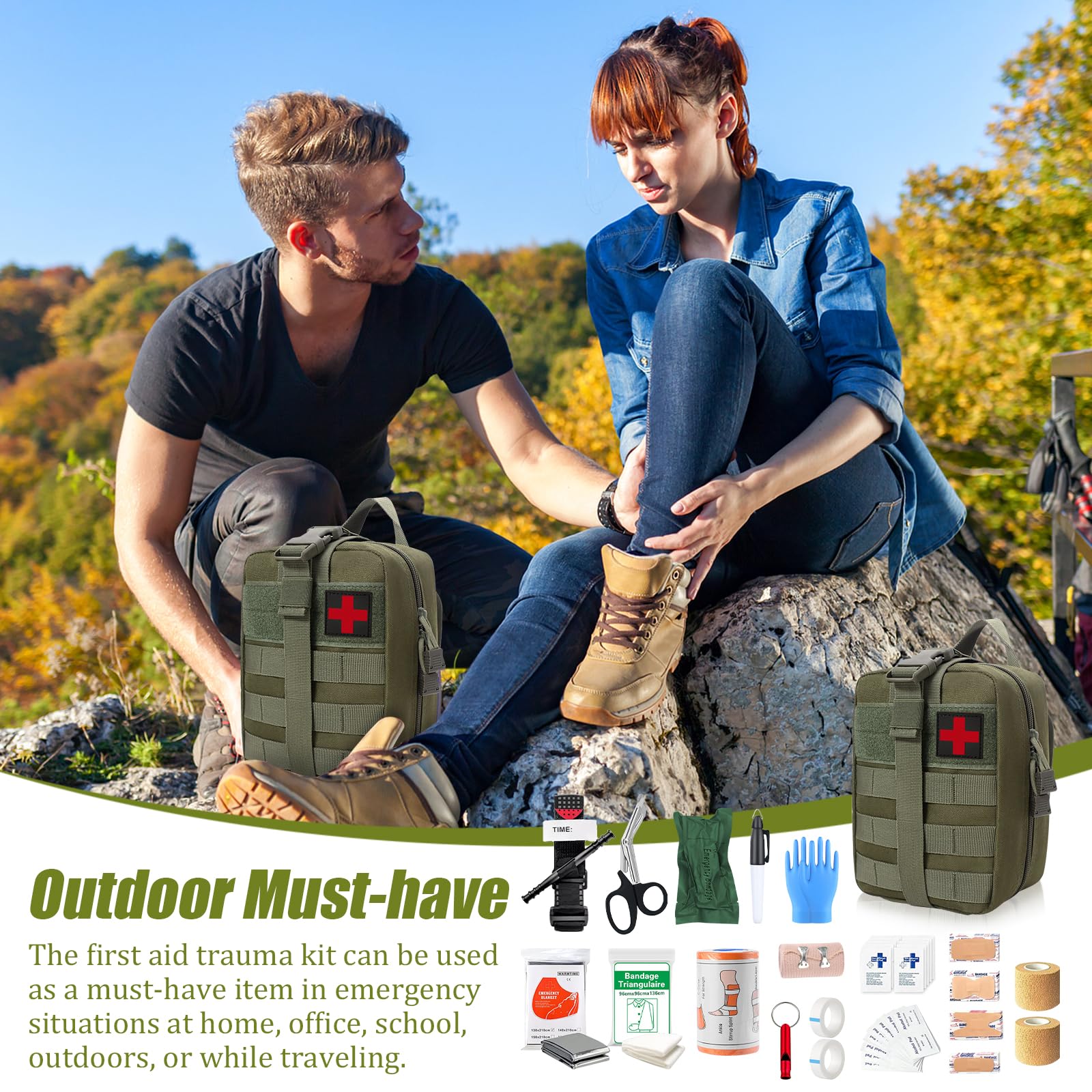 61 Stück Erste Hilfe Set Outdoor, Survival Set First Aid Kit, Trauma Erste Hilfe Tasche, First Aid Kit Military, Notfall Trauma Survival Ausrüstung, für Camping Wandern Radfahren Klettern und Reisen