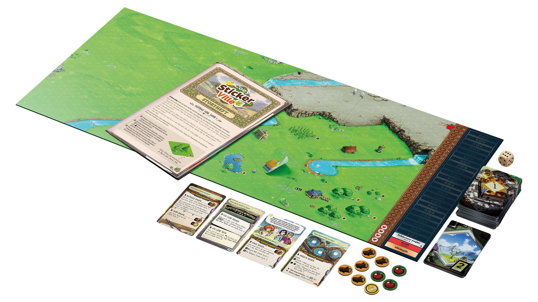 Asmodee, Cozy Stickerville, wersja DE, kooperacyjna gra rodzinna dla 1-6 graczy od 8 lat, gra planszowa z 30-60 minutami gry na grę